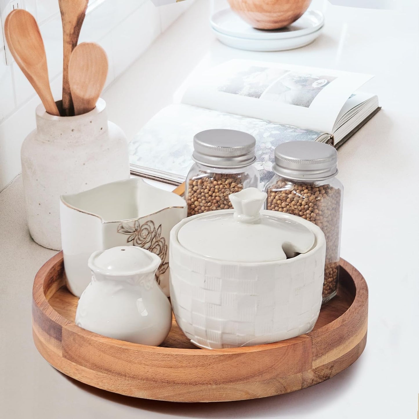 12 Inch Acacia Wood Lazy Susan Organizer for Cabinet, Lazy Susan Turntable for Countertop Table Pantry, Kitchen Turntable Storege Container