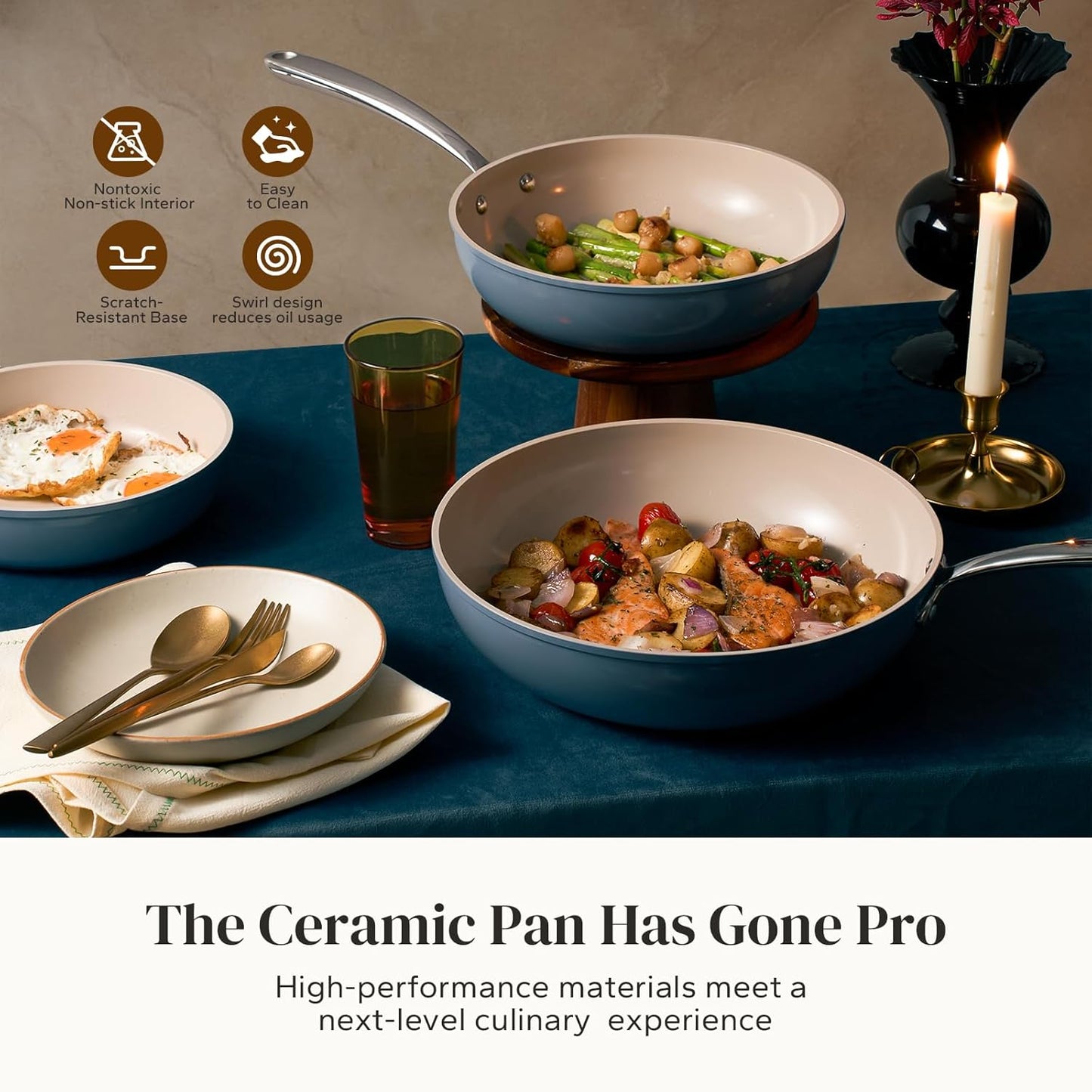 Redchef Nonstick Frying Pans Set, 4-Piece Ceramic Cookware Set, 8" 9.5" 11" Saute Pan Skillet, Non Toxic Pans for Cooking, Pots and Pans Set, PFAS & PTFE & PFOA Free, Dishwasher & Oven Safe, Blue