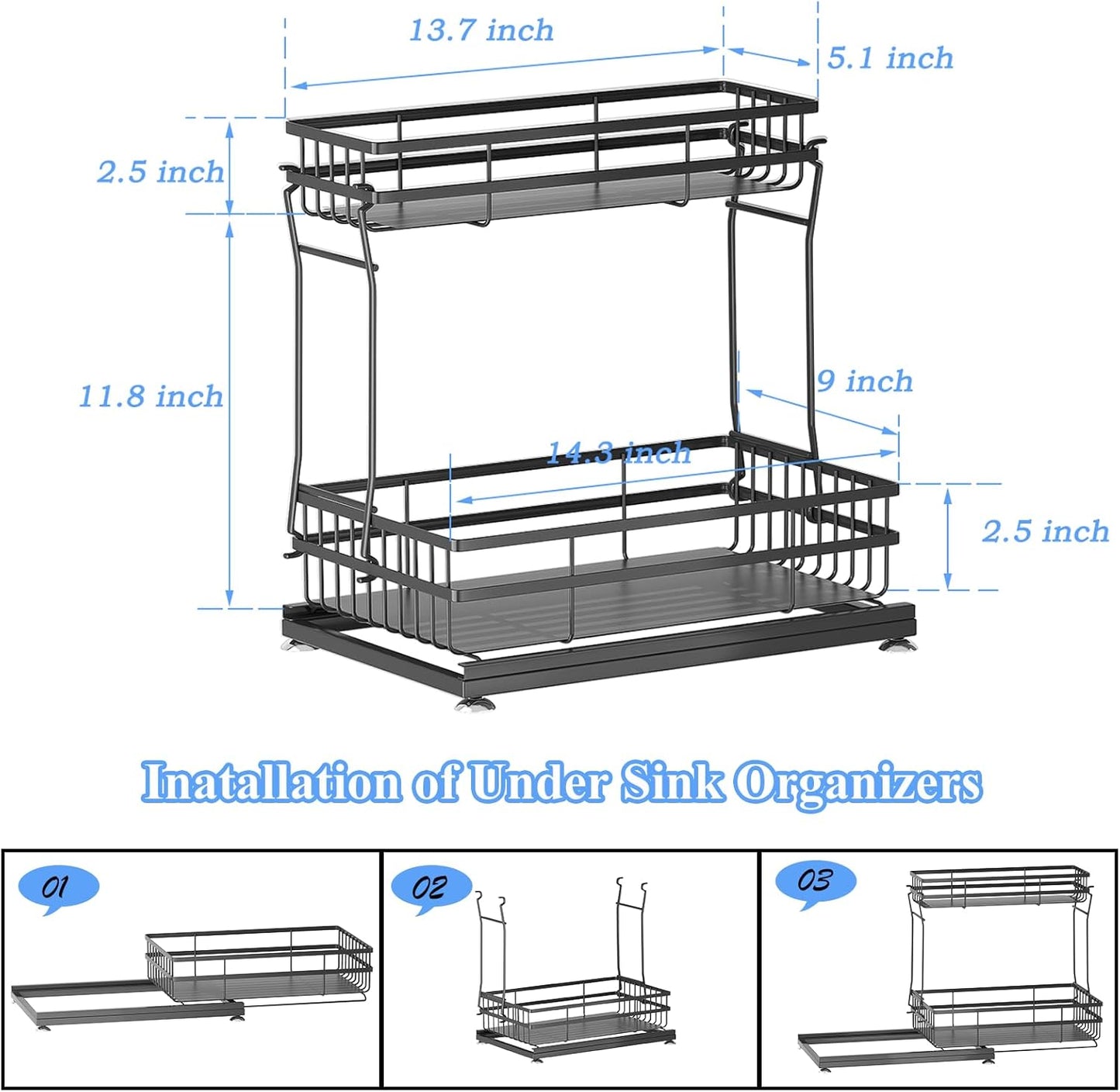 1 Pack Under Sink Organizers and Storage, 2 Tier Pull Out Cabinet Organizer, Metal Sliding Drawer Storage for Kitchen Bathroom，Black