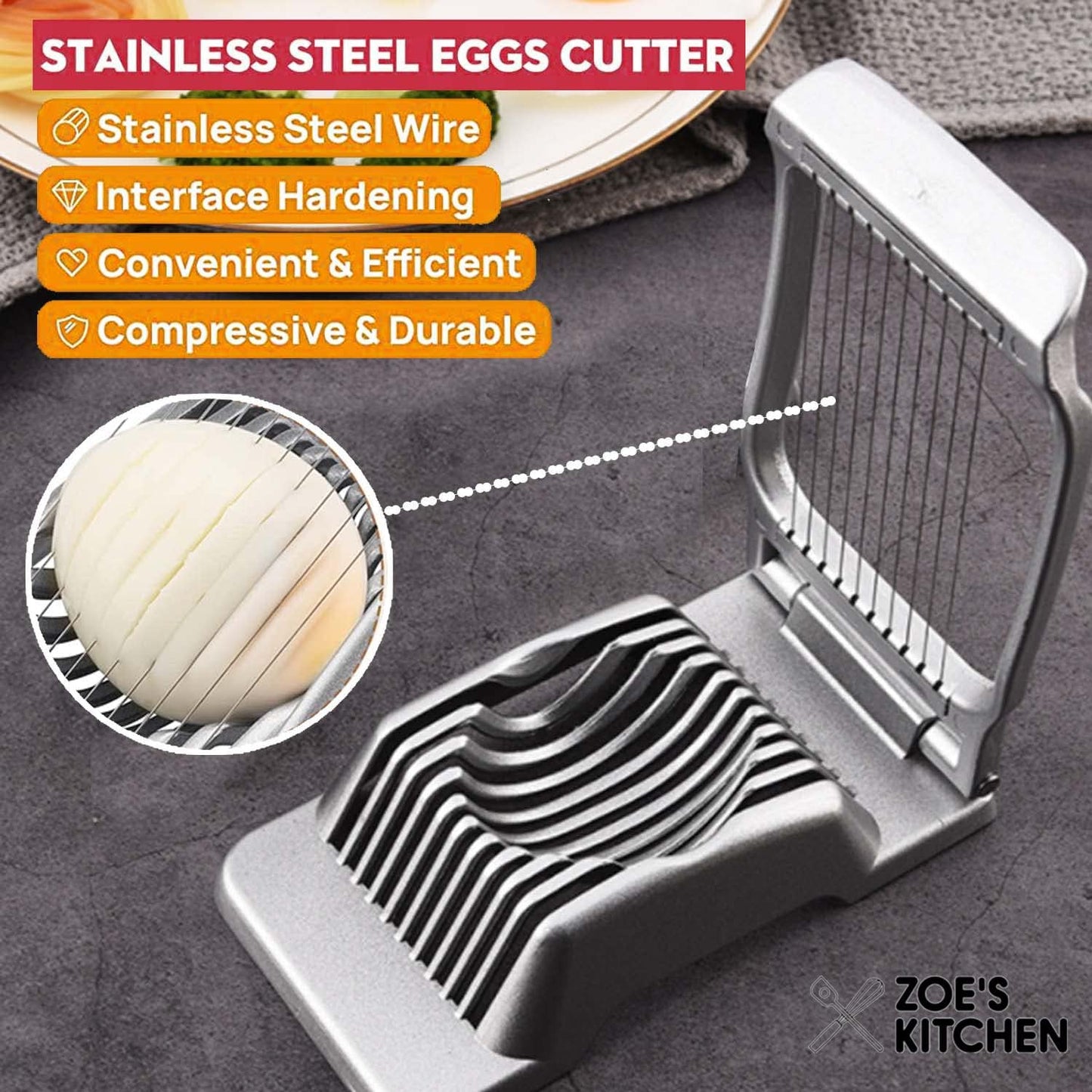 Zoe's Kitchen Good Grip Egg Slicer for Hard Boiled Eggs Heavy Duty Professional Large Aluminum Egg Slicer with Stainless Steel Wires Kitchen Aid Egg, Strawberry Slicer Hard Boiled Egg Cutter (Silver)