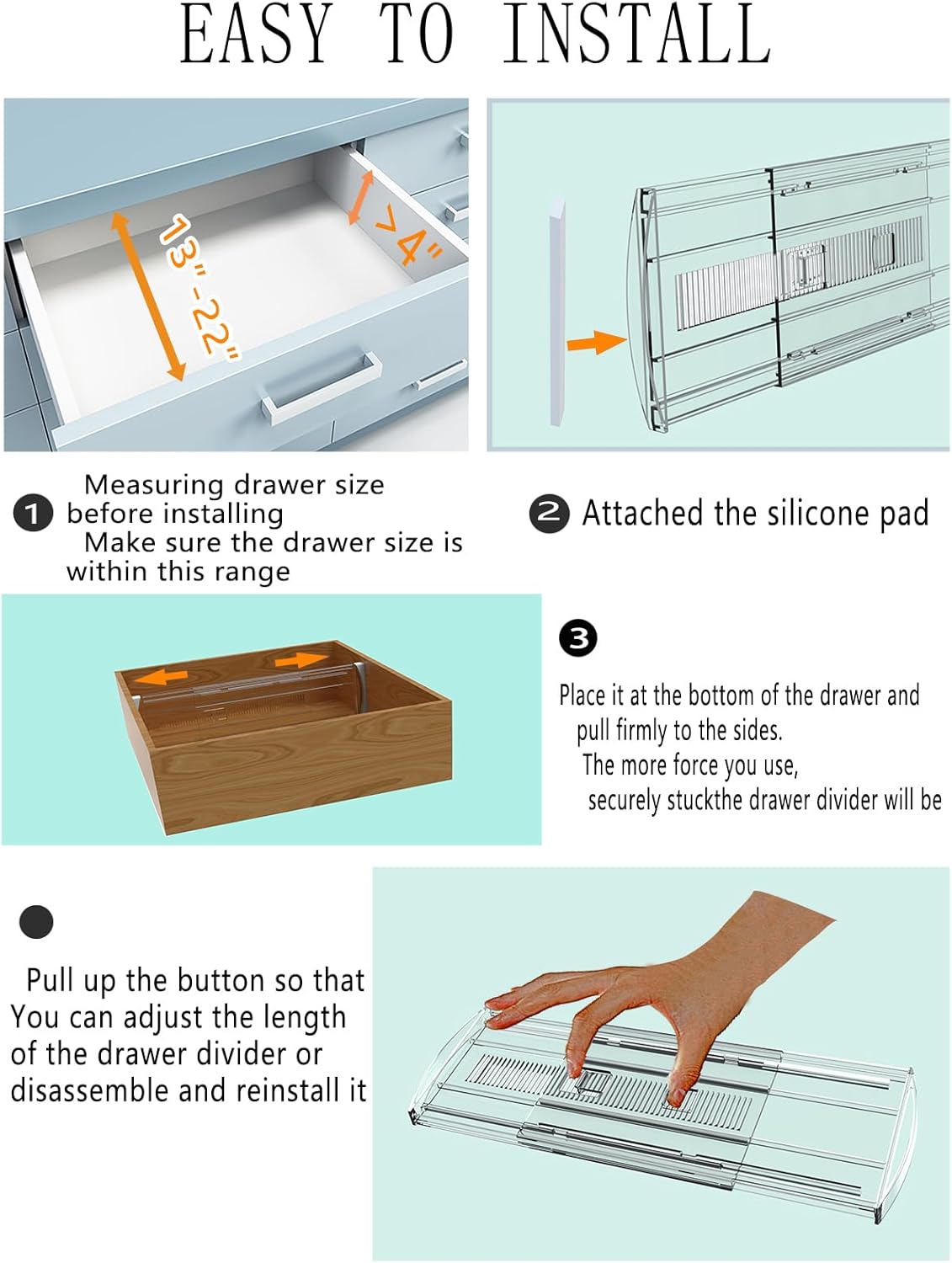 8 Pack Adjustable Drawer Dividers for Clothes,4" High Clear Expandable From 13-22" Drawer Organizers, PC Plastic Separators for Dresser/Bedroom/Bathroom/Kitchen/Office Storage,Easy to Assemble