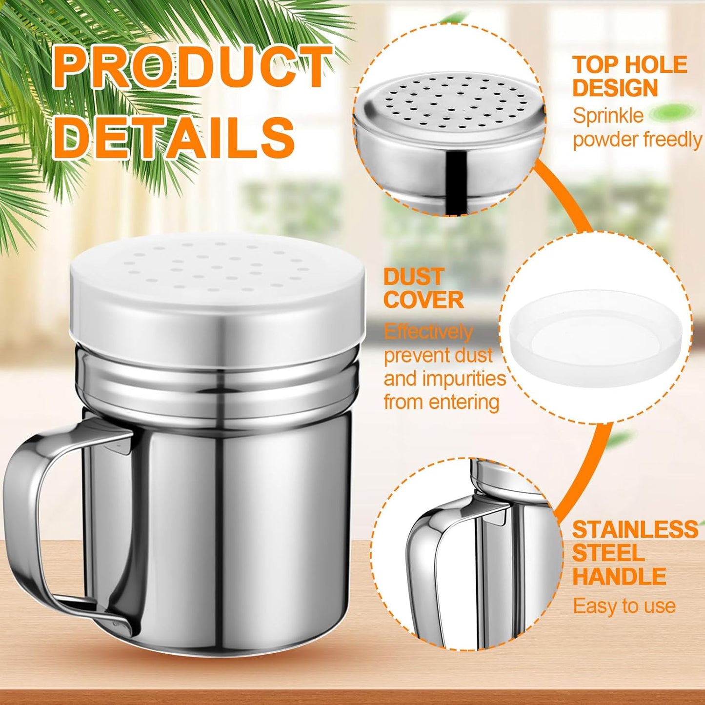 Lallisa 6 Pcs Stainless Steel Salt and Pepper Shakers with Lid and Handle Dredge Spice Seasoning Condiment Popcorn Salt Shaker Powder Sugar Flour for Cooking Kitchen Baking (6oz)