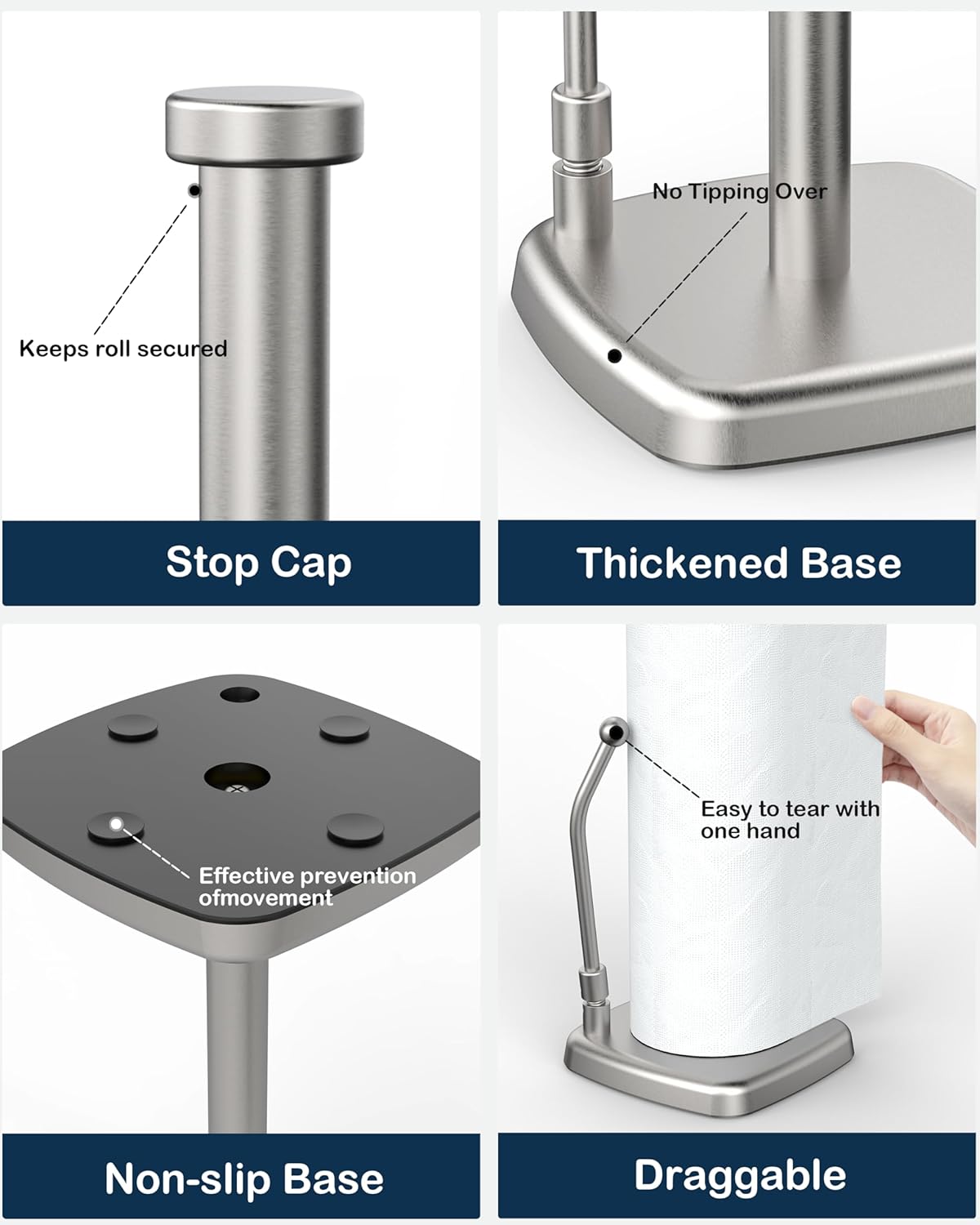 Paper Towel Holder Countertop, Paper Towel Dispenser Standing Weighted Base Non-Slip, Spring Arm Fit Most Size Paper Roll, Stainless Steel Paper Towel for Home Kitchen Tabletop, Sliver