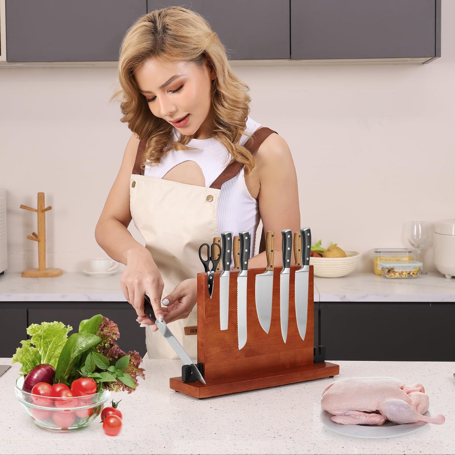 Magnetic Knife Block with Built-in Sharpener, Double-Sided 360° Magnetic Holder & Knife Sharpening Stone, Rubber Wood Countertop Storage Organizer, No Knives Included