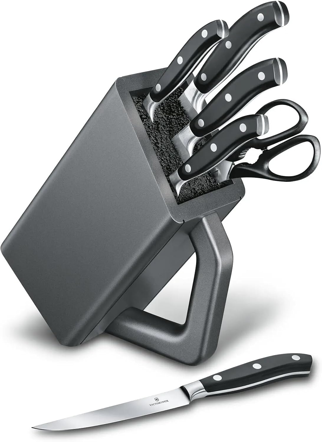 Victorinox Grand Maitre Cutlery Block - Modern Block with Knives - Includes Kitchen Scissors, Chef's Knife, Santoku & More - Black Handles, 6-Piece Set