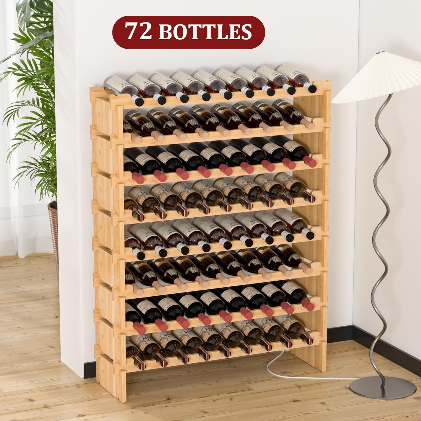Domax Wine Rack Freestanding Floor - Bamboo Wooden Stackable 8 Tiers 72 Wine Bottle Holder Storage Racks for Kitchen, Bar, Pantry and Cellar (Yellow)
