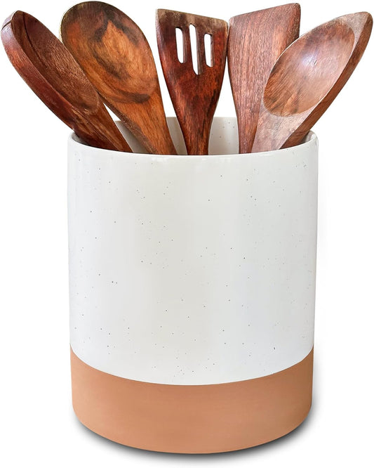 Mora Ceramic Kitchen Utensil Holder - Wooden Spoon & Spatula Crock for Countertop, Modern Farmhouse Home Decor, Extra Large 7.3" Cooking Organizer for Stove Top and Counter - Heavy & Sturdy - Vanilla