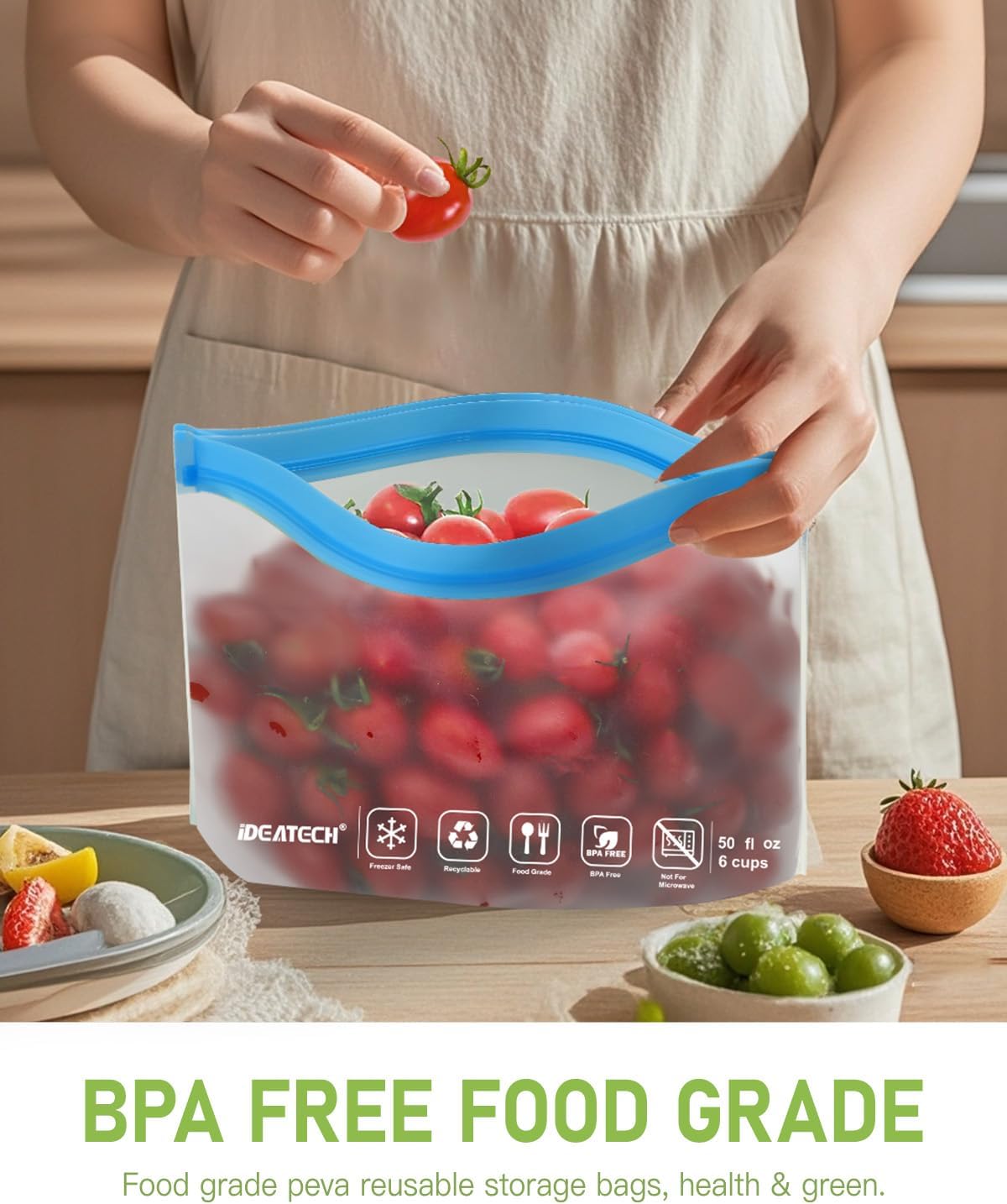 IDEATECH Gallon Freezer Food Containers, BPA Free PEVA Reusable Gallon Bags, Sandwich Bags, Lunch Baggies, Travel Healthy Food (Grey, 8Pack-8Gallon)