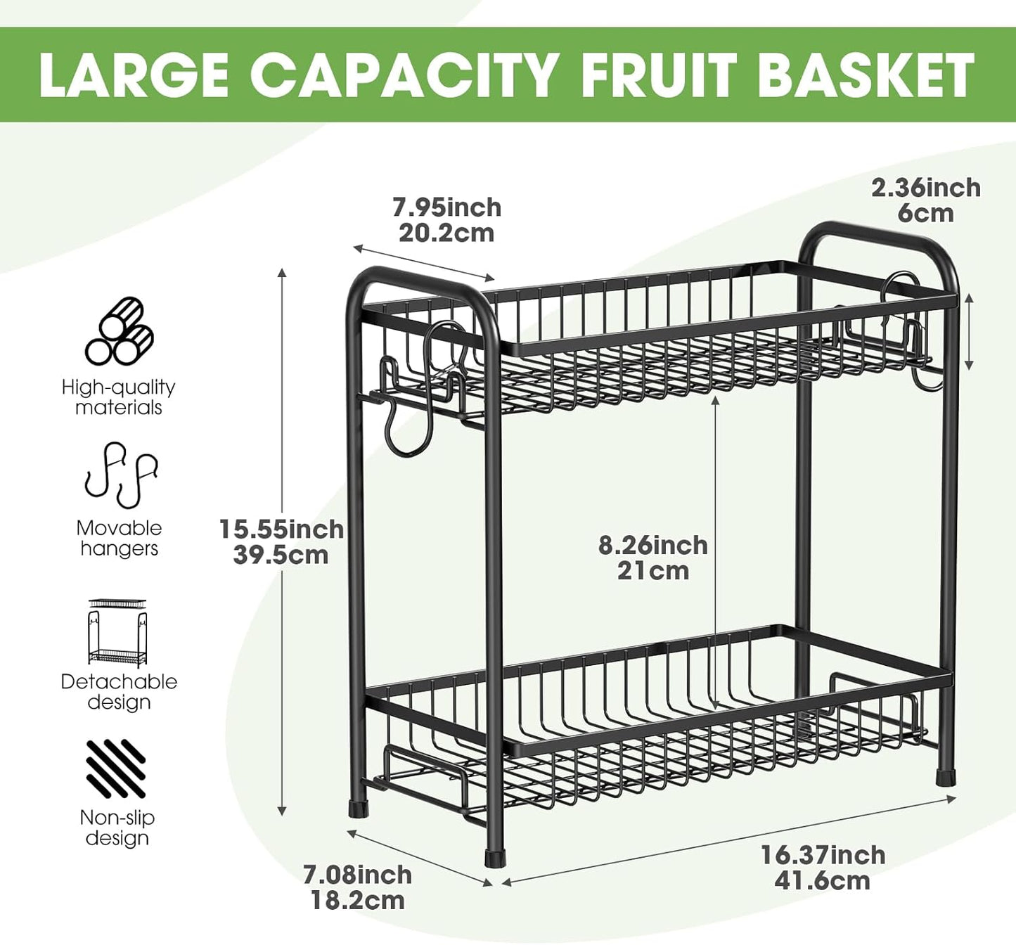 Fruit Basket for Kitchen Counter, 2 Tier Fruit Bowl with Banana Hangers, Large Fruit Holder Stand Countertop Organizer for Vegetable Onion Potato Bread Snack Produce Storage and Display, Black