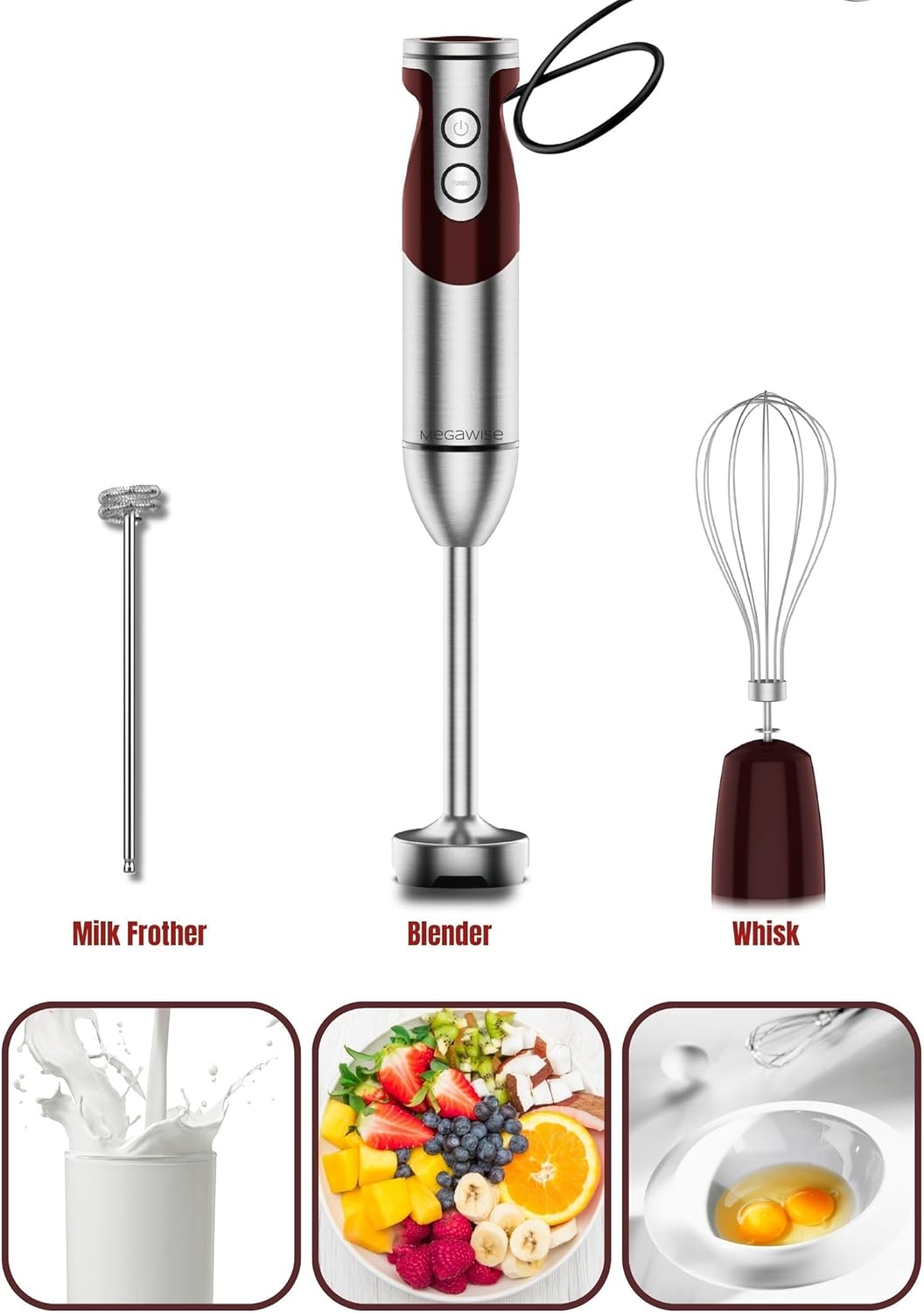 3- in-1 Immersion Hand blender, Powerful MOTOR & Stainless Steel Stick Blender, 4 Sharpe Blades with Whisk, Milk Frother Attachments