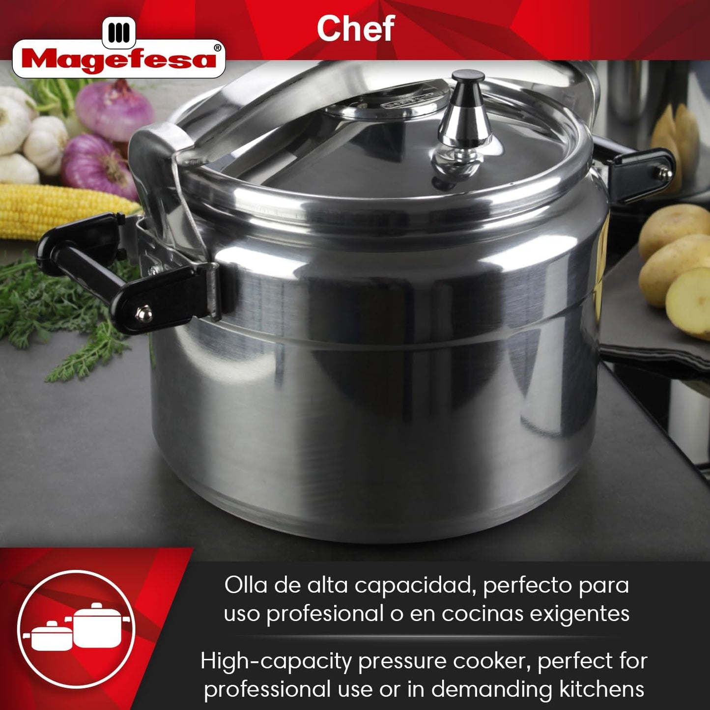 MAGEFESA Chef 23-Quart Aluminum Pressure Cooker – Stainless Steel Lid, Thermodiffusion Base, 3 Safety Systems, Fast & Even Cooking