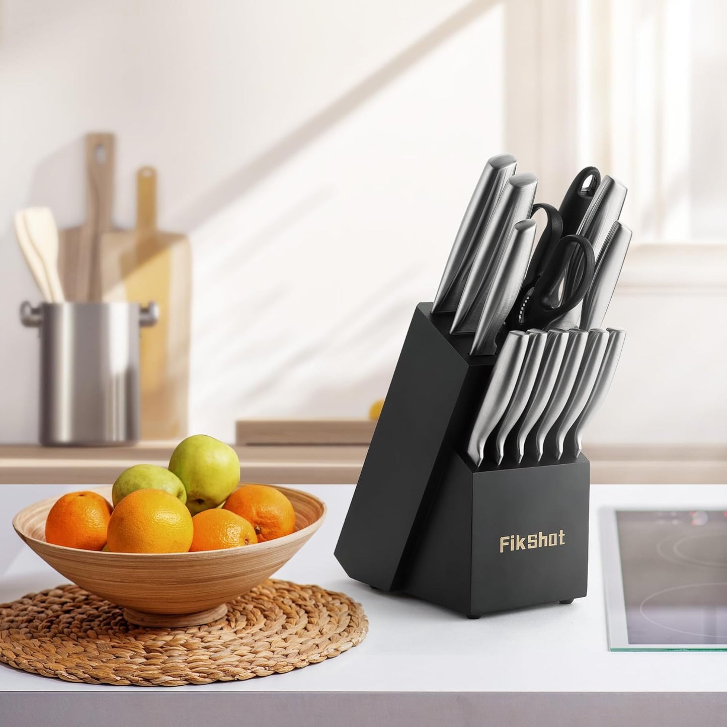 Kitchen Knife Set, FIKSHOT Premium Stainless Steel Knife Block Set, Razor-Sharp Santoku Knife and Fruit Knives, Gift for Homecooks, Rust-Proof, Designed for Women