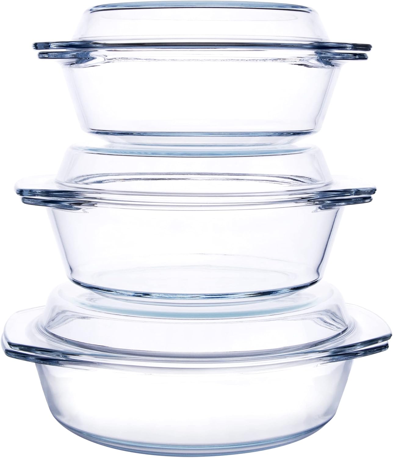 Set of 6 Pieces Round Tempered Glass Casserole Dish with Lids, Glass Casserole Baking Dish Set for Oven, Freezer and Dishwasher Safe - 1QT+1.5QT+1.8QT