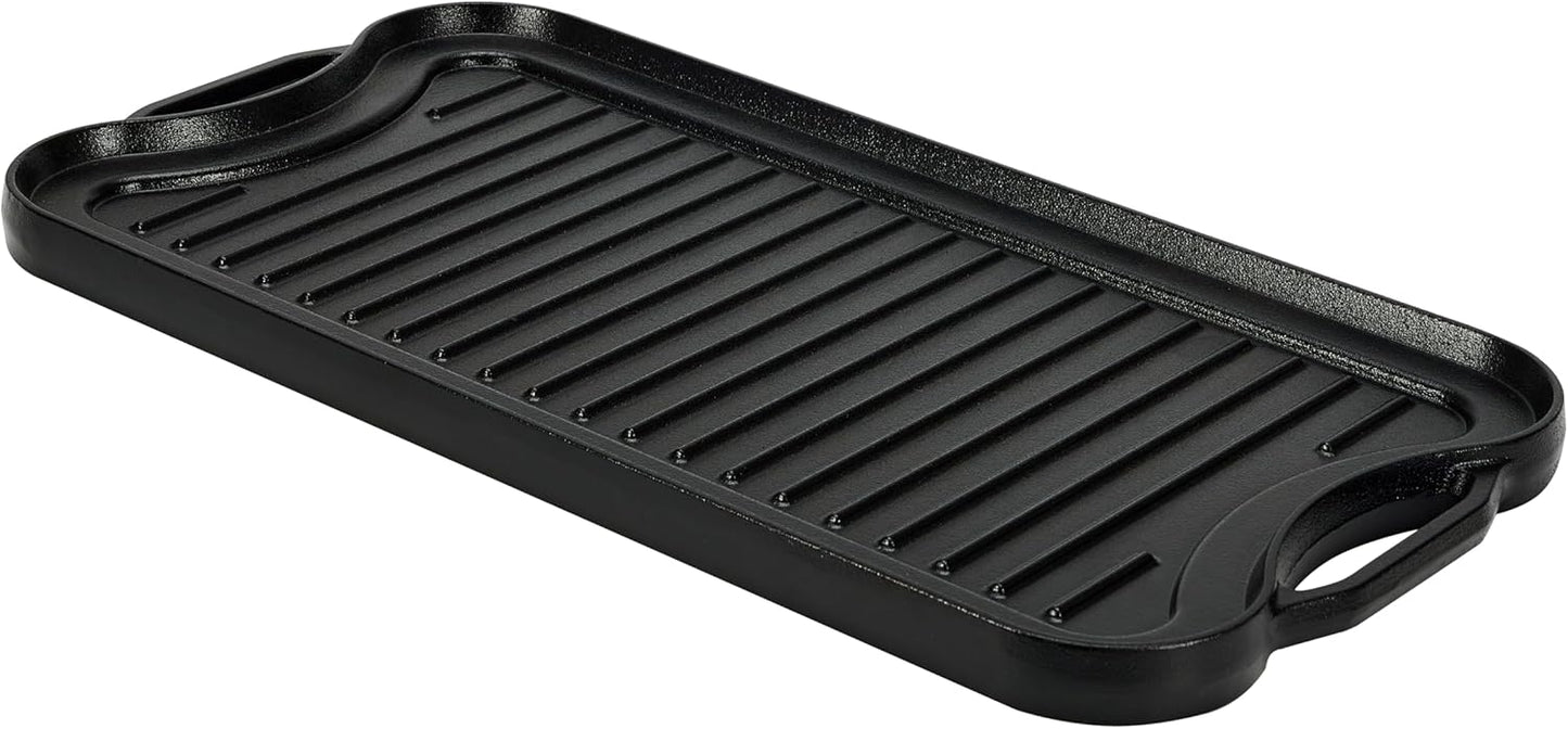 Amazon Basics Pre-Seasoned Cast Iron Reversible Rectangular Grill/Griddle, Black, 20 x 10.39 x 0.98 inch