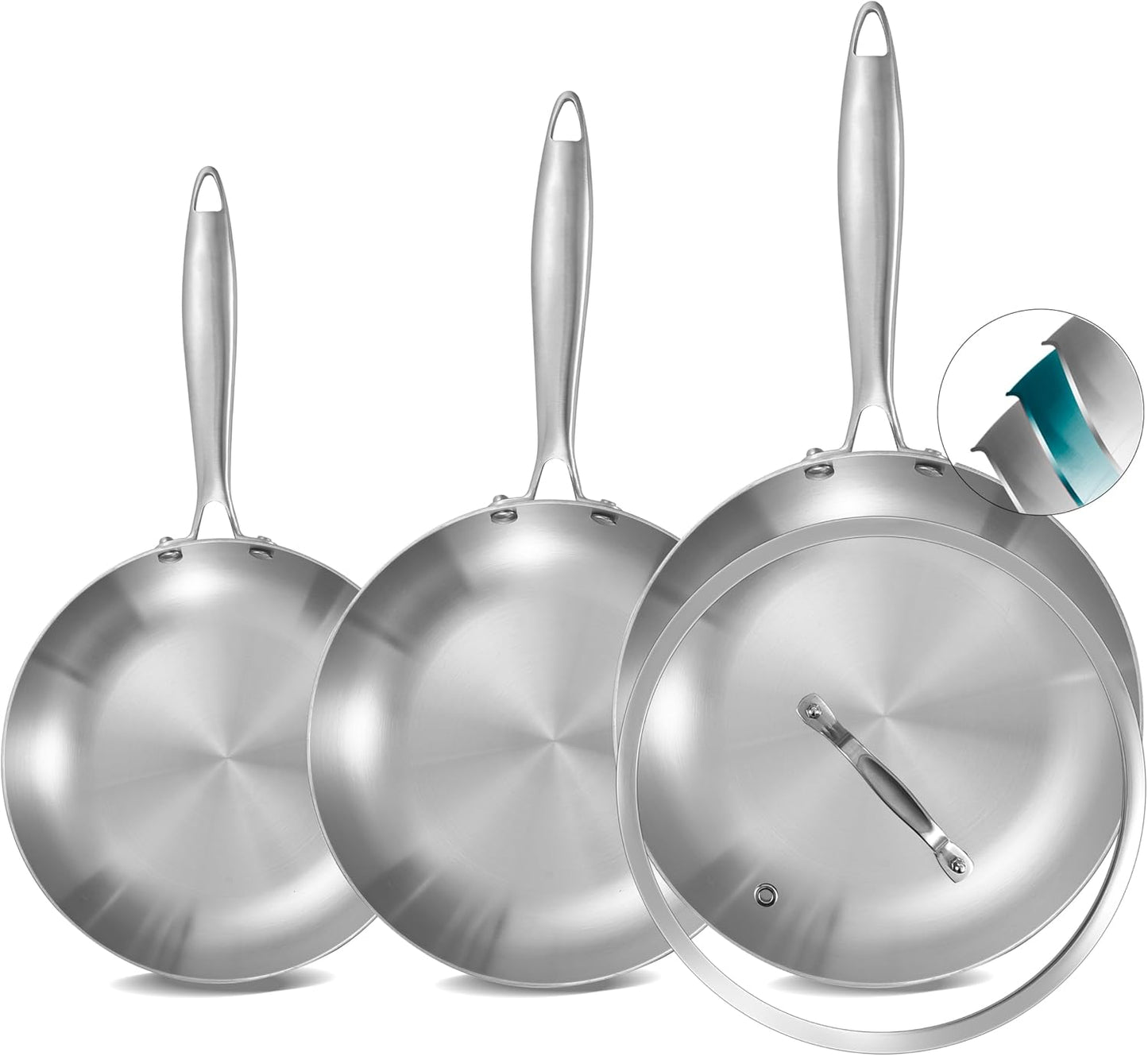 Inqibee Tri-Ply Stainless Steel Frying Pan Set of 3 with Lid,Skillets,Induction Cooking Pans Set,Riveted Handle,Eevn Heating and Oven Safe,8-9.5-11 Inch