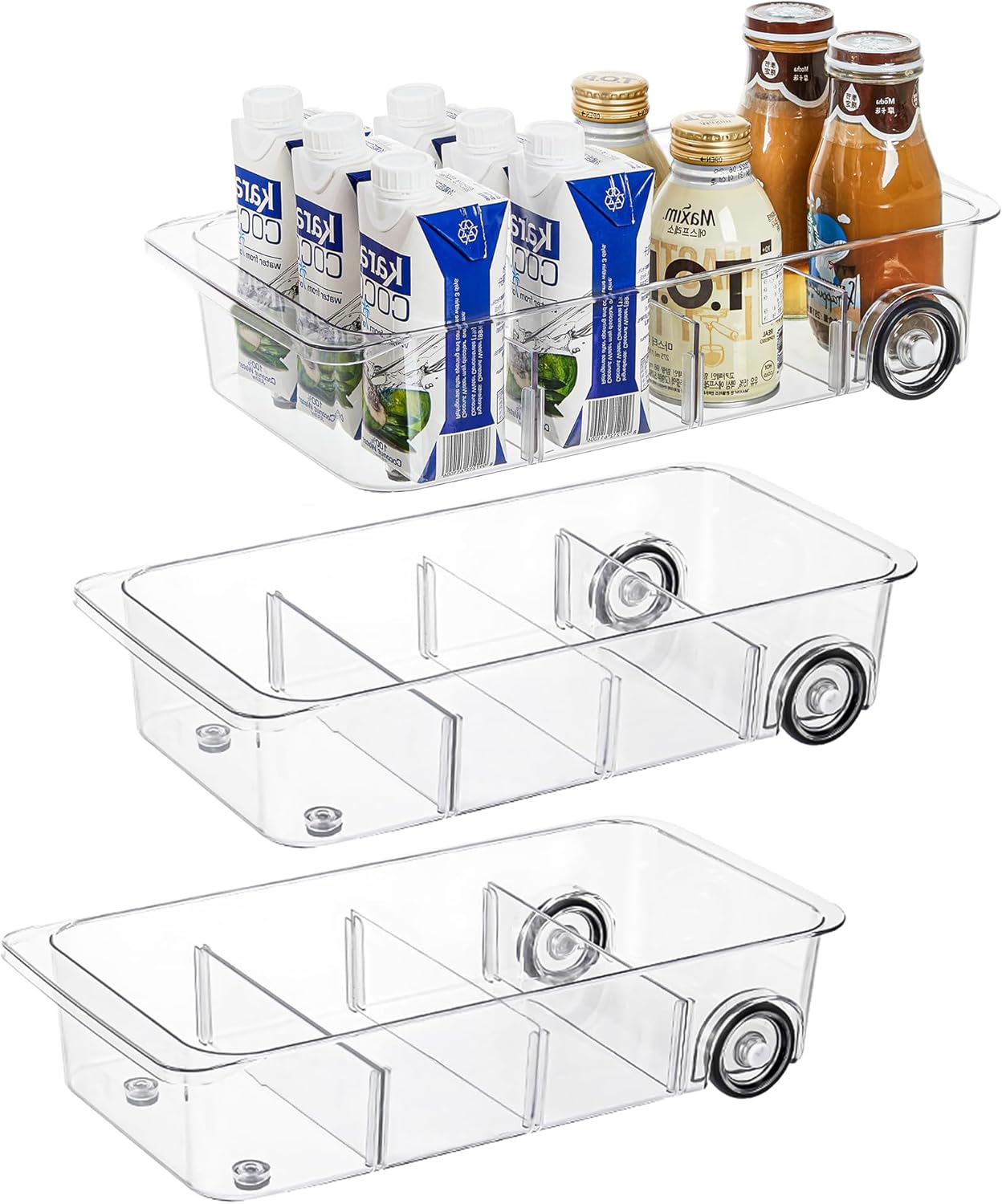Attelite 3 Pack Fridge Organizer on Wheels,Roll Out Refrigerator Organizers and Storage Clear Design with Dividers,Upgrade Thick Plastic Storage Bins with Wheels, Kitchen Organization