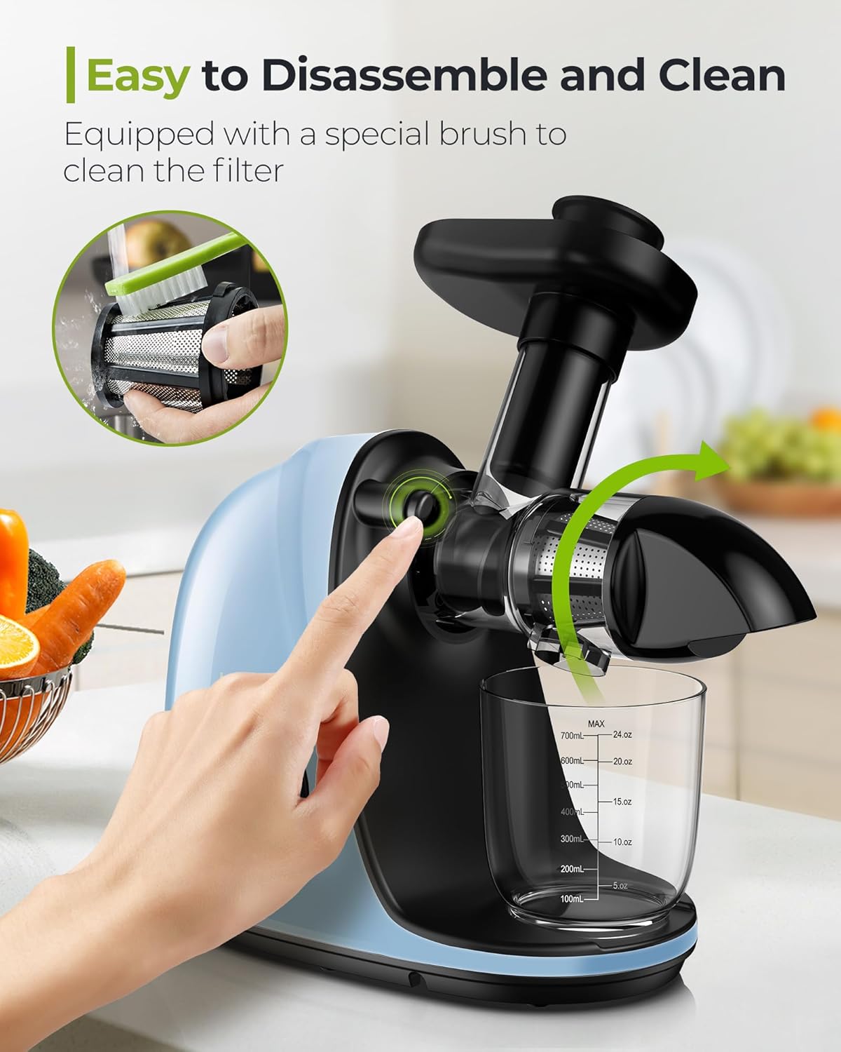 Jocuu Slow Masticating Juicer with 2-Speed Modes - Cold Press Juicer Machine - Quiet Motor & Reverse Function - Easy to Clean Juicer Extractor - Juice Recipes for Fruits & Vegetables (Light Blue)