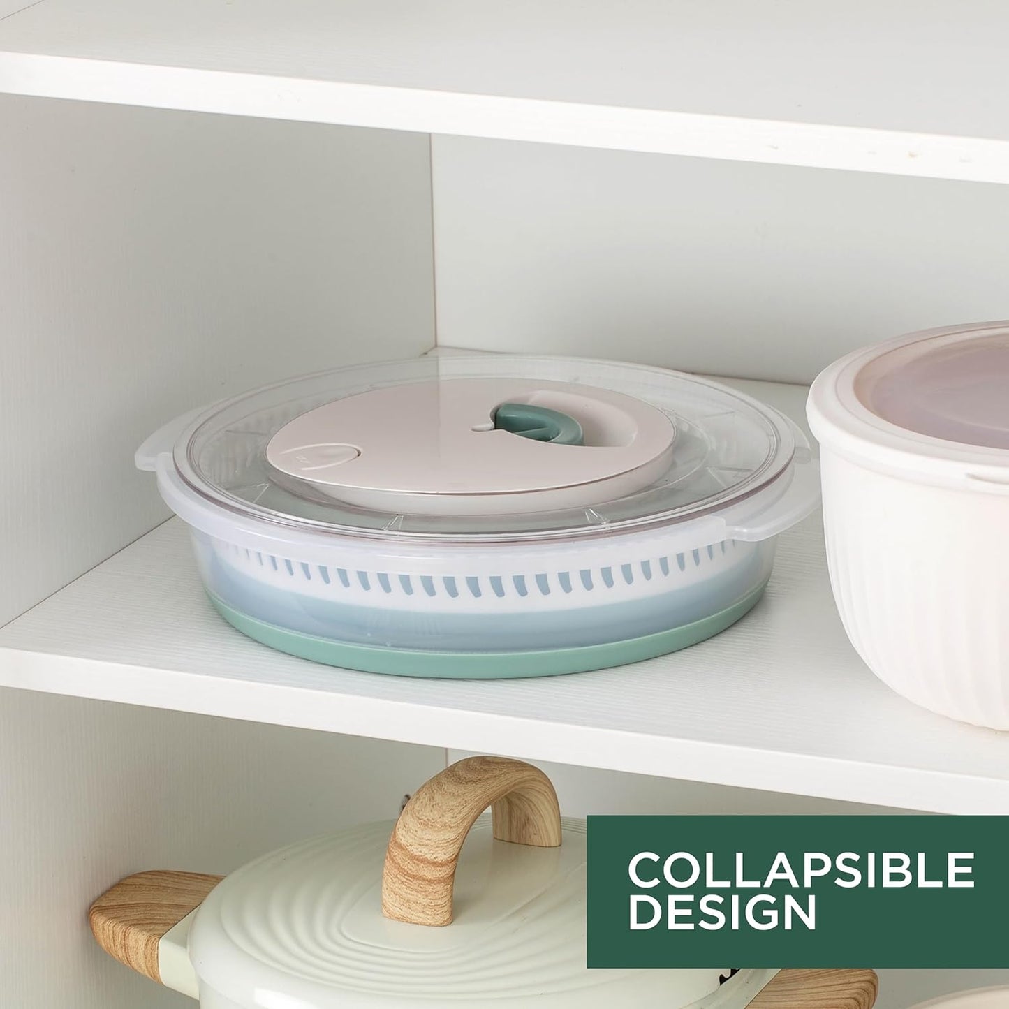 COOK WITH COLOR Collapsible Salad Spinner - 4 QT Space Saving Lettuce Dryer with Folding Collapsible Colander Great for Washing and Drying Fruit and Vegetables (Sage)