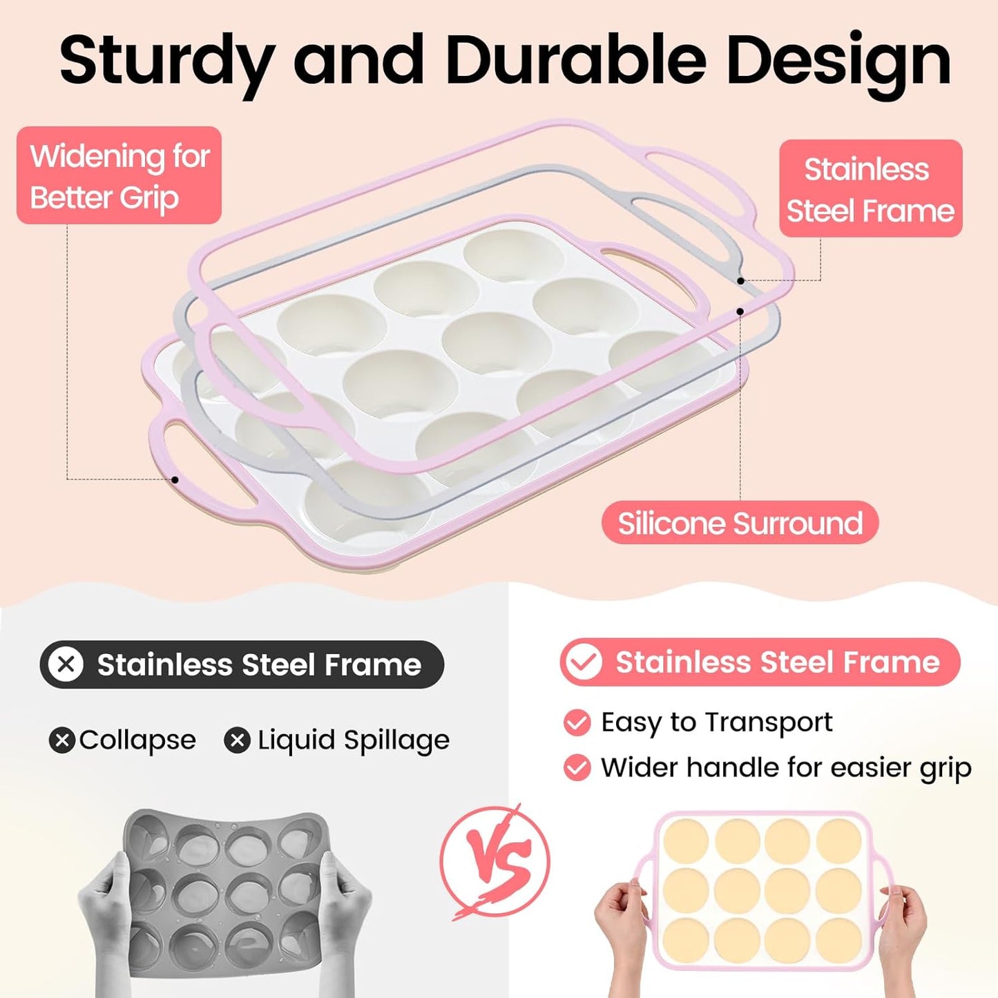 Silicone Muffin Pans for Baking 2 Pack, 2.6 Inch with Metal Reinforced Frame, Regular Size Nonstick Silicone Cupcake Pan for Baking Homemade Muffins, Cupcakes, Dishwasher Safe BPA Free-Pink