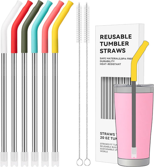 6 Pcs Reusable Metal Straws, Stainless Steel Straws with Silicone Tip for 20 oz Tumbler, Long Drinking Replacement Straw for YETI, STANLEY, US Acrylio, BJPKPK, Simple Modern and so on