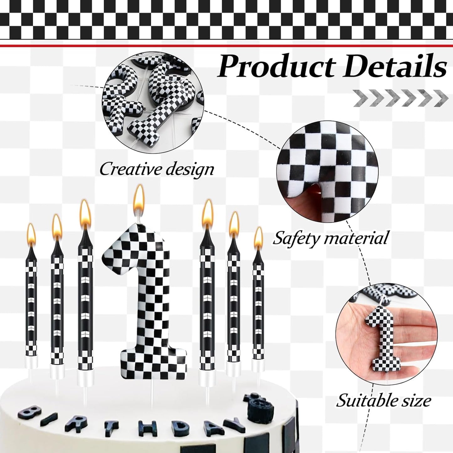 13 Pcs Racing Cars Themed Birthday Candles Black and White Race Number 1 Checkered Candle Cake Topper for Racing Car Party Decoration Supplies (Number 1)