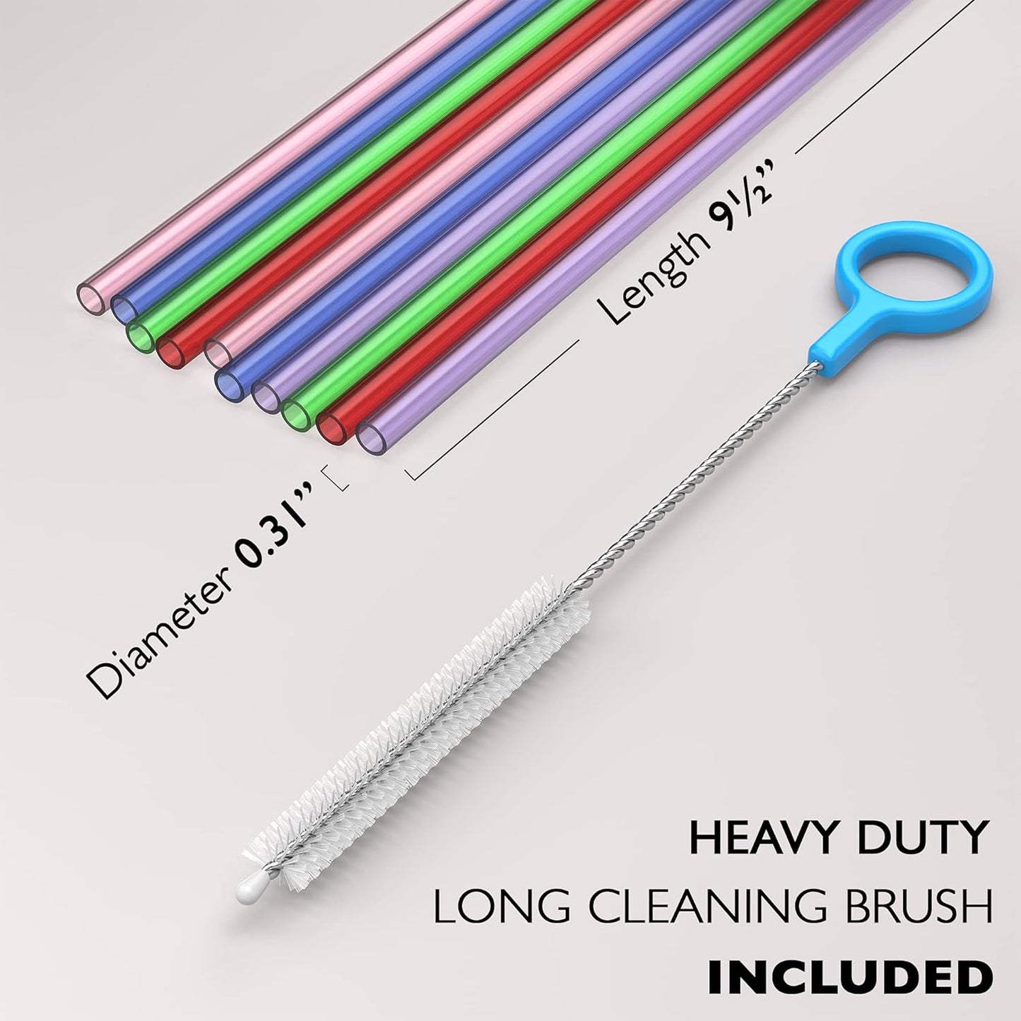 10 Long Reusable Hard Plastic Drinking Straws, Medium Width + Sturdy Cleaning Brush - for Tumblers, Mason Jars, Milkshakes, Smoothie Straws Drinking Plastic - Dishwasher Safe BPA Free