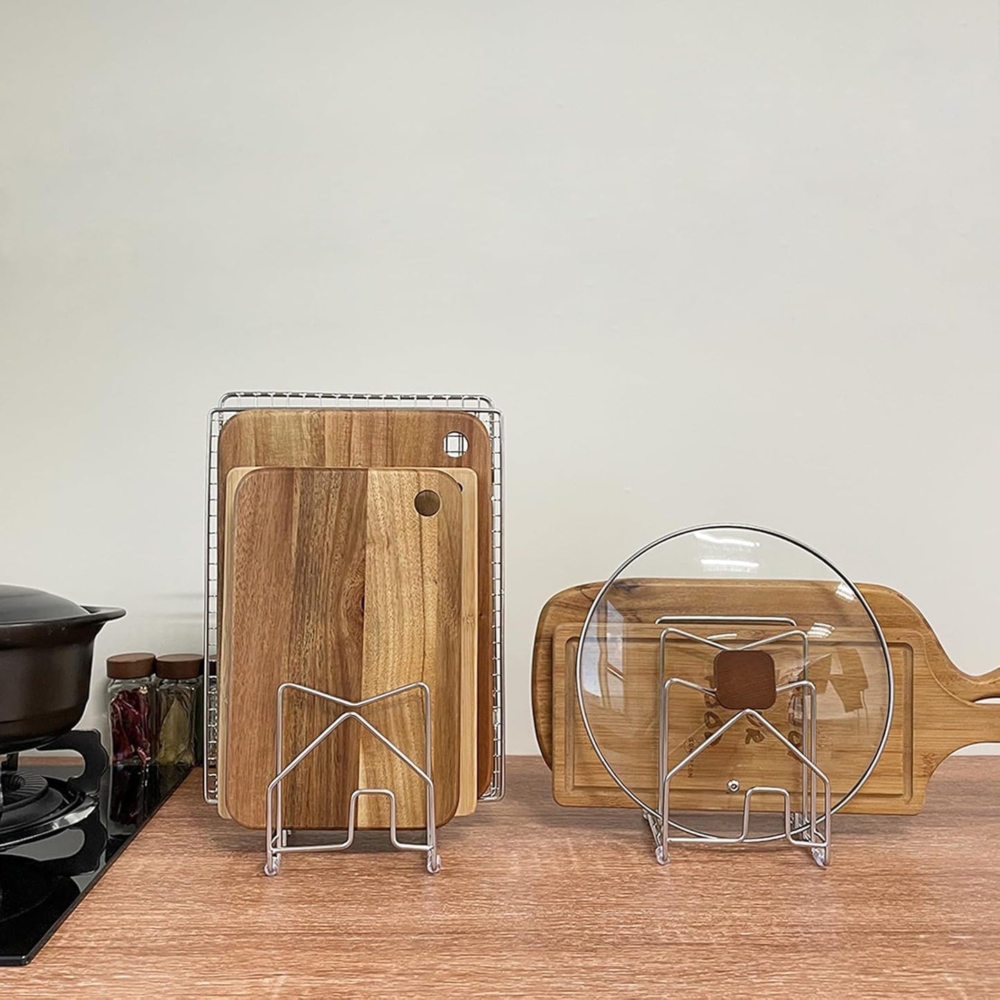 2 Pack Pot Lid Organizer Cutting Board Holder Inside Cabinet 304 Stainless Steel Pots and Pan Organizer Under Cabinet Pot Cover Cookie Sheet Bakeware Serving Tray Cooling Rack Stand Kitchen Countertop