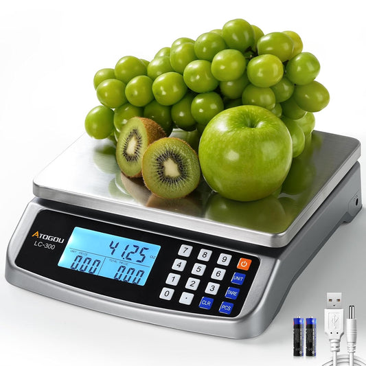 66lb Food Scale, Commercial Kitchen Scale with Price Computing, Plug-in Usable, 0.05oz/1g, 304 Stainless Steel, for Cooking, Vegetables, Farm, Industry, Counting. LC300 Grey