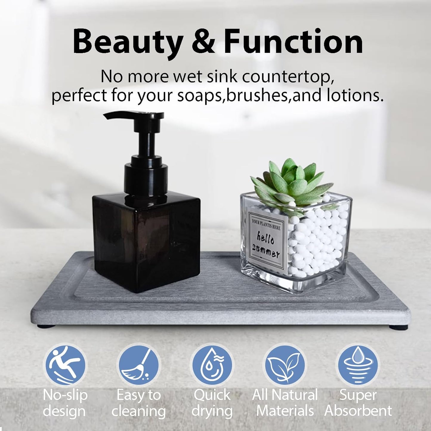 2 PCS Water Absorbing Stone Trays for Bathroom Sink & Kitchen Counter, Fast-Drying Diatomite Sink Coasters, Vanity Tray, Hand Soap Holder with Anti-Skid Pads (9.5" x 4.7" Gray)