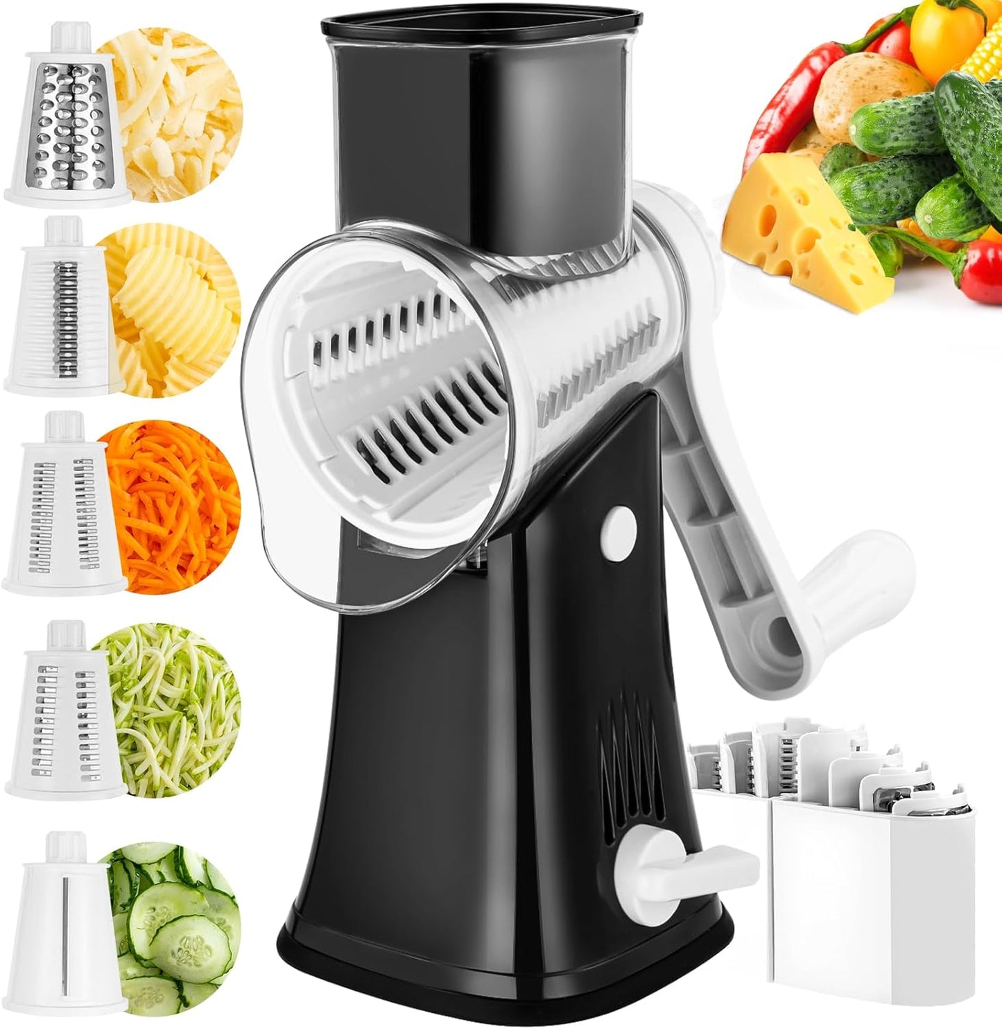 Rotary Cheese Grater, 5 in 1 Rotary Grater, Replaceable Stainless Blades Cheese Shredder, Cheese Slicer, Cheese Grater Hand Crank, Easy to Clean Kitchen Gadgets with Storage Box