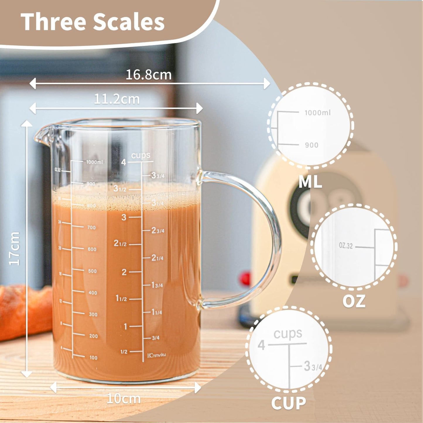 BCnmviku Glass Measuring Cup, Insulated handle, V-Shaped Spout, High Borosilicate Glass Measuring Cup 1000ML、 /1 Liter, 4 Cup for Kitchen or Restaurant, Easy To Read (1000ml-1pcs)