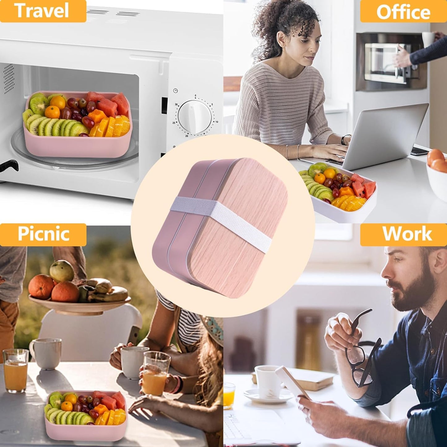 Bento Box with Lunch Bag Microwavable All-in-One Meal Prep Compartment Lunch Containers with Utensils Leak Resistant Lunch Box with Sauce Container 60oz Pink