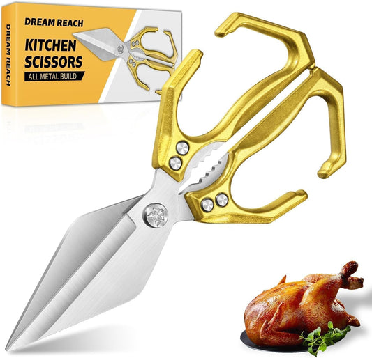 Dream Reach Heavy Duty Poultry Shears Kitchen Scissors for Food with Ergonomic Handle, Japanese High-Carbon Steel Cooking Scissors for Kitchen, Chicken, Meat, Seafood, Bone Cutting (Gold)