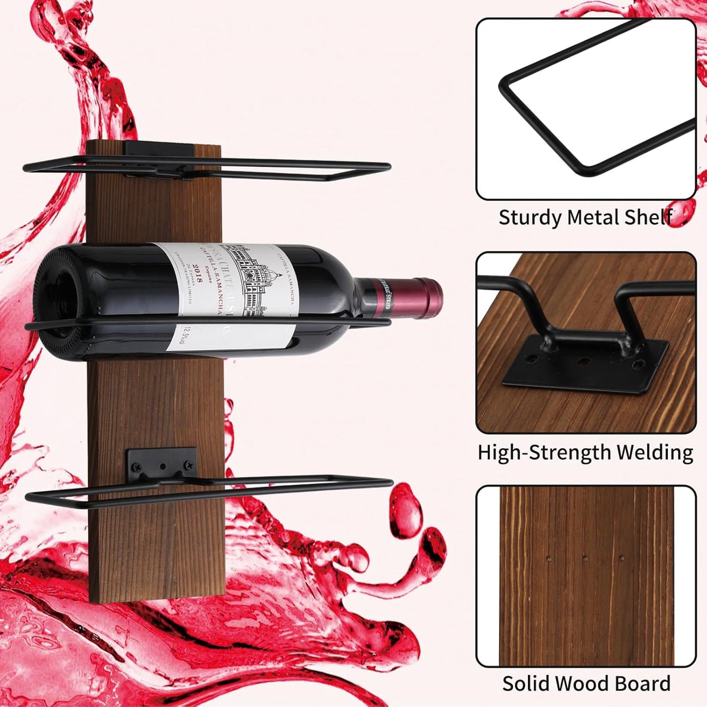 Wine Rack Wall Mounted, Wall Wine Rack for 9 Wine Bottles, Wood Wine Racks for Wall, Wall Mounted Wine Rack for Bar, Cellars, Kitchen, Dining Room