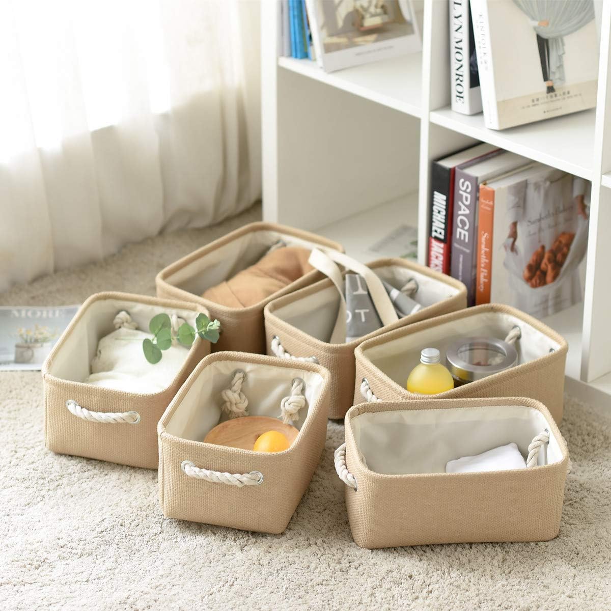TheWarmHome Storage Basket for Organizing - Small 6 Pack 11.8x7.8x5.2 inch Fabric Storage Cubes with Cotton Rope Handle, Collapsible Storage Bins Baby Storage Toy Nursery (Beige)
