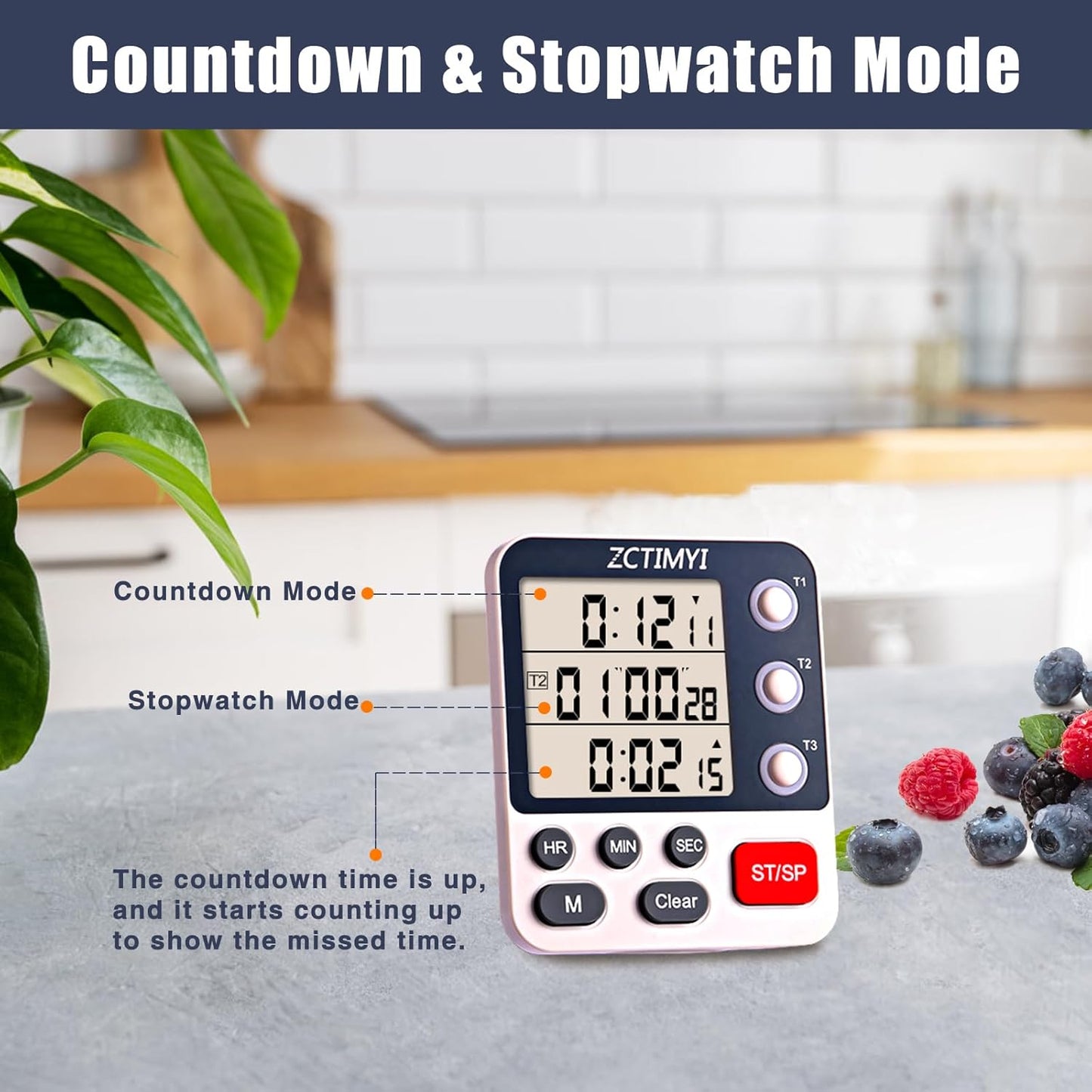 Dual Digital Timer for Kitchen Cooking, 3 Channels Count Down/Up Triple Timer with Memory Presets Magnetic Back & Large Display Adjustable Alarm Volume, Multi Times Management Suit for Baking, White