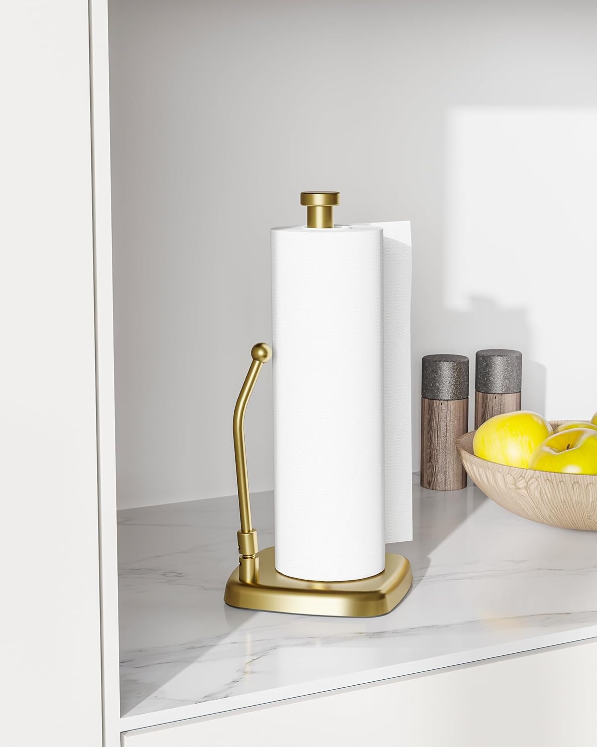 Paper Towel Holder Countertop Gold, Paper Towel Dispenser Standing Weighted Base Non-Slip, Spring Arm Fit Most Size Tissue Roll, Stainless Steel Paper Towel for Home Kitchen Tabletop