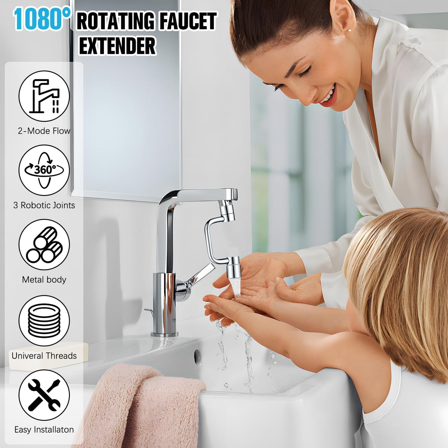 Flexiflow 1080°Rotatable Faucet Aerator, New Rotating Faucet Extender, U Shape Faucet Extender for Bathroom Sink/Kitchen, 2 Sprayer Modes, Multiple Adapters,Universal for Internal/External Thread