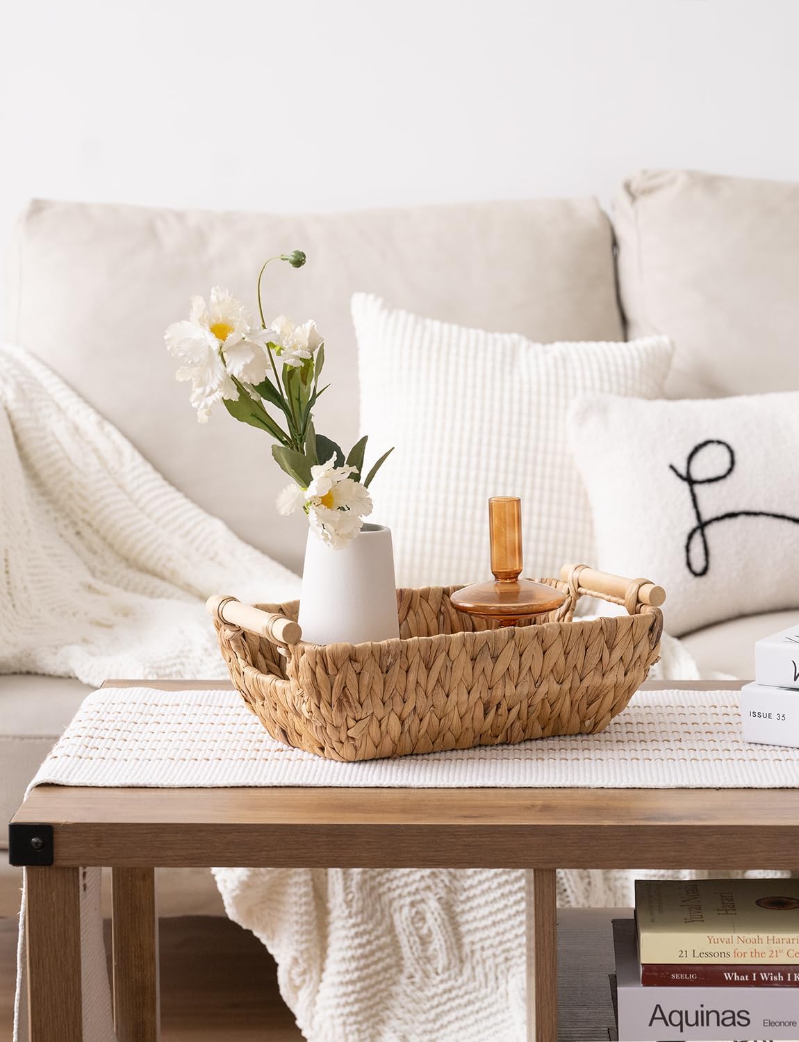 StorageWorks Hand-Woven Small Wicker Baskets, Water Hyacinth Storage Baskets with Wooden Handles, 2-Pack