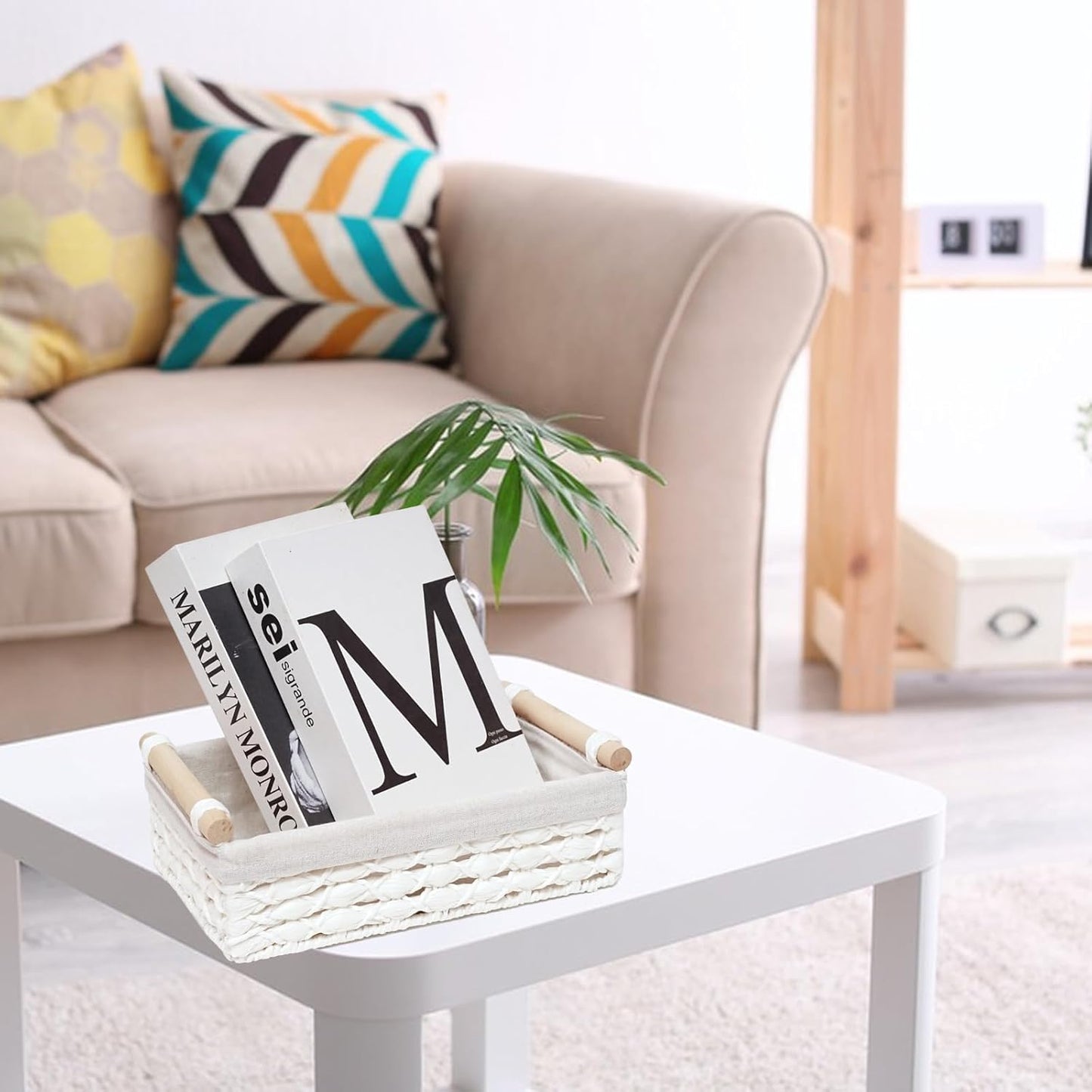 Storage Basket Wicker Baskets for Organizing with Handle Decorative Storage Bins for Countertop Toilet Paper Storage Basket for Toilet Tank Top Small Baskets Set (Set of 2,White)