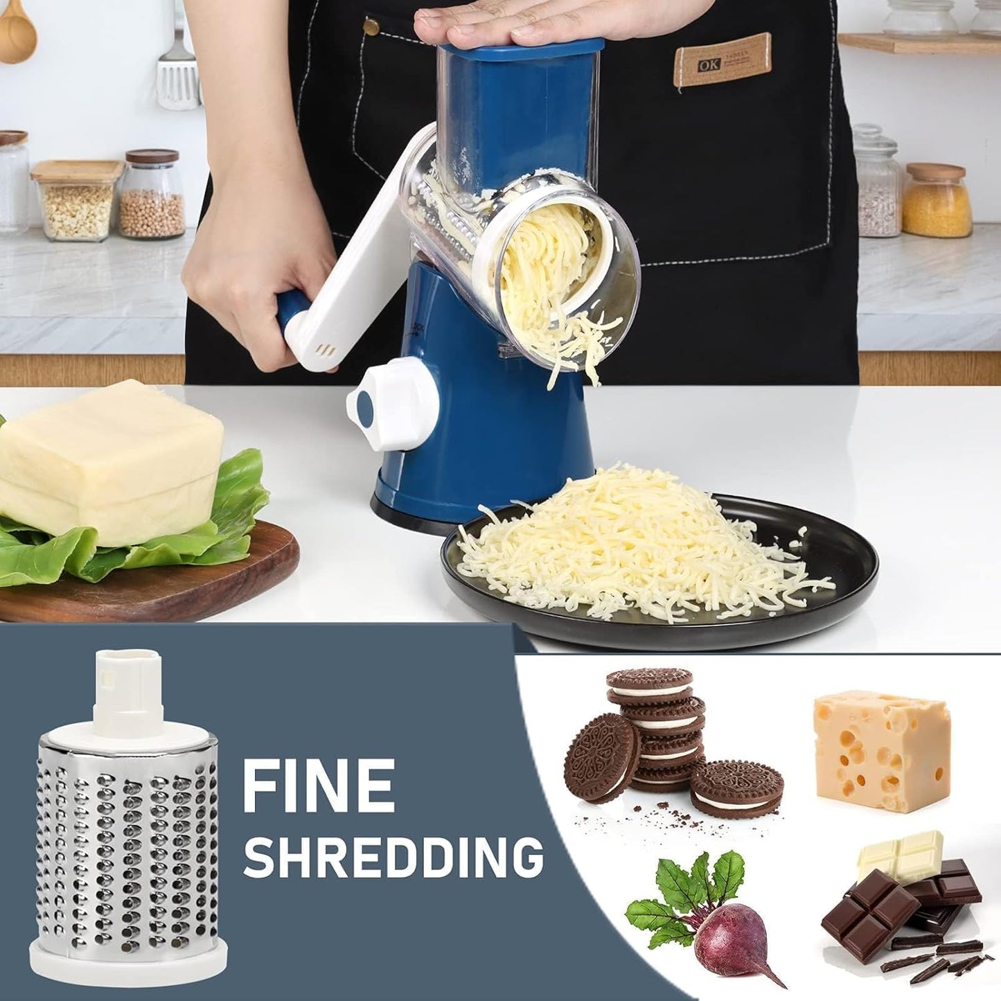KEOUKE Rotary Cheese Grater with Handle - 3 Changeable Blades for Cheese, Vegetables, Nuts - Blue