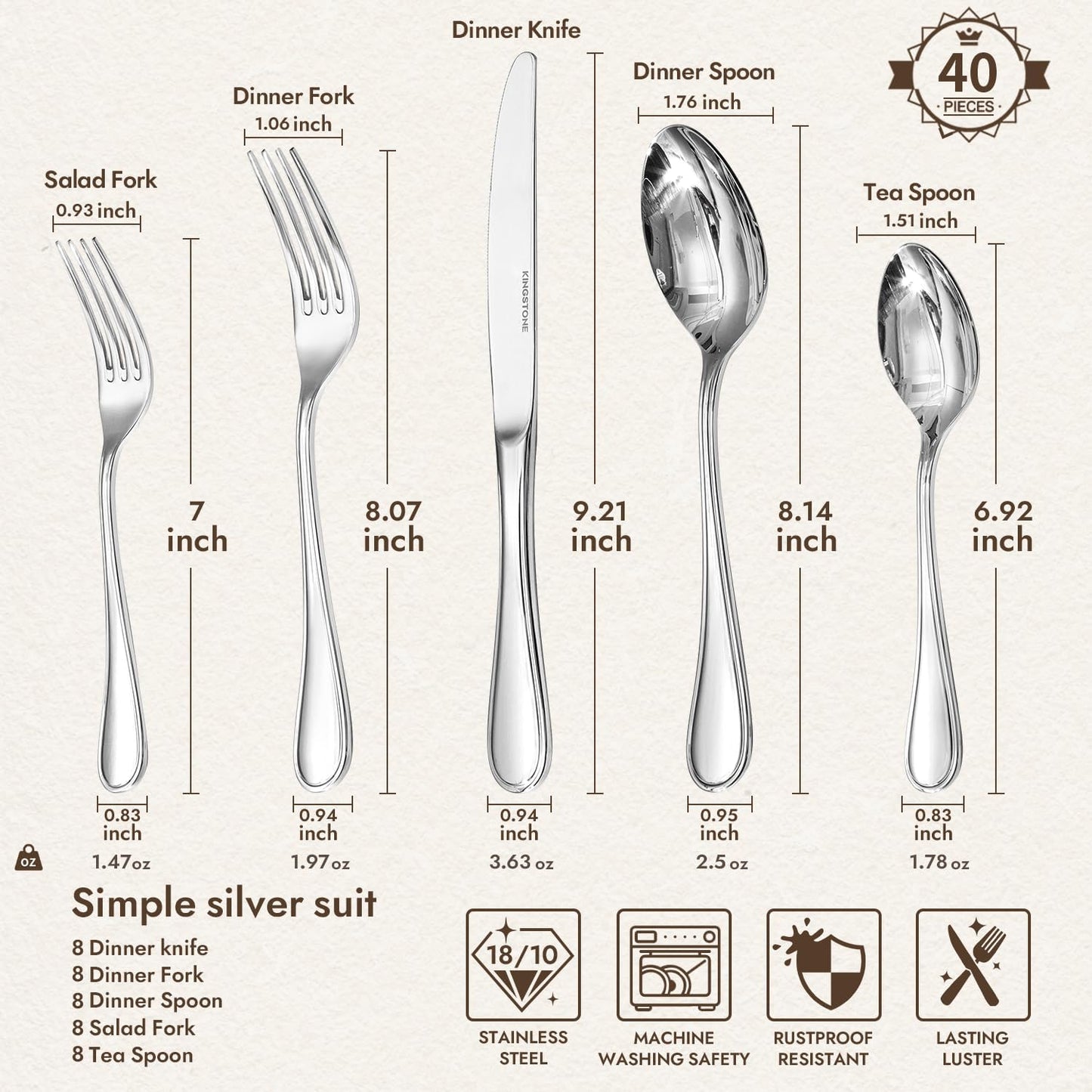 KINGSTONE 40 Piece Teardrop Silverware Set for 8, 18/10 Stainless Steel Flatware Set, Modern Design Cutlery Set for Home/Hotel/Wedding,Mirror Polished and Dishwasher Safe