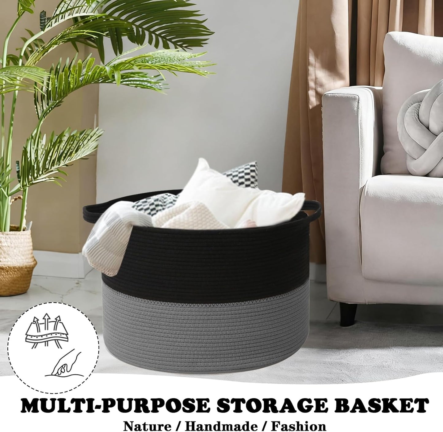 Large Blanket Basket for Organizing,65L Closet Organizers and Storage Bins Box for Shelves Woven Rope Storage Baskets,Living Room,Bedroom,Dorm,Laundry room (Black&Dark Grey)