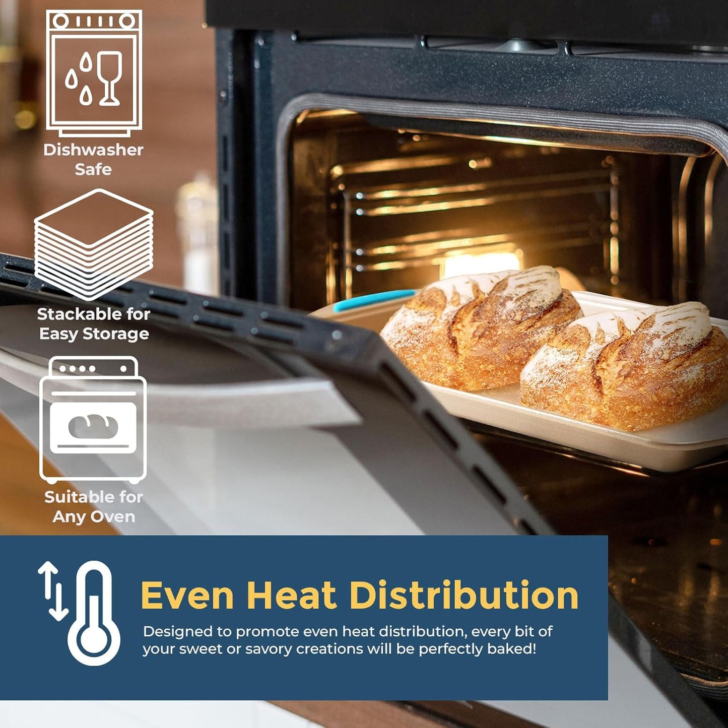 Perlli Cookie Sheet Baking Pan 2 Piece Set, 9x13" Gold Nonstick Trays with Blue Silicone Hand Grips Oven Bakeware Pans Set, Premium Quality Carbon Steel Baking Tray Sheets