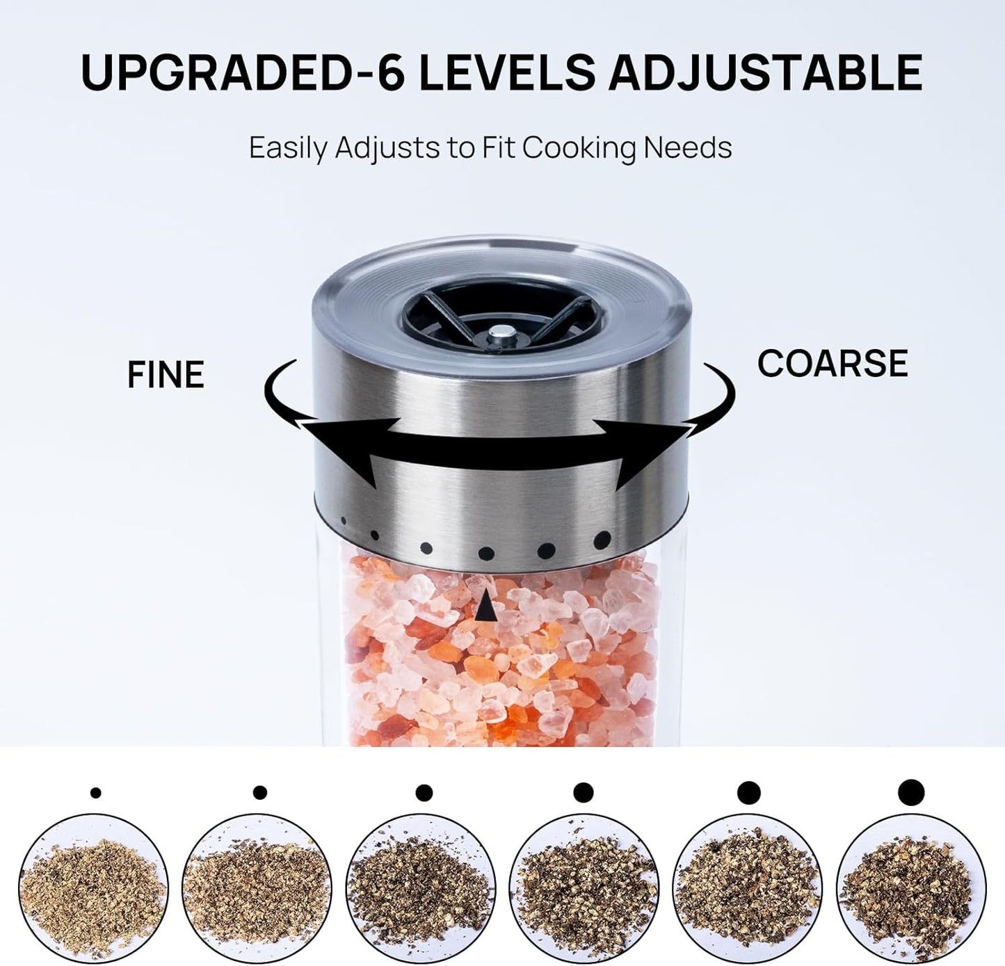 Upgraded Larger Capacity Electric Salt and Pepper Grinder Set Rechargeable with LED Light, Stainless Steel Refillable Pepper Mill Set with 6 Adjustable Coarseness for Kitchen, Outdoor, BBQ