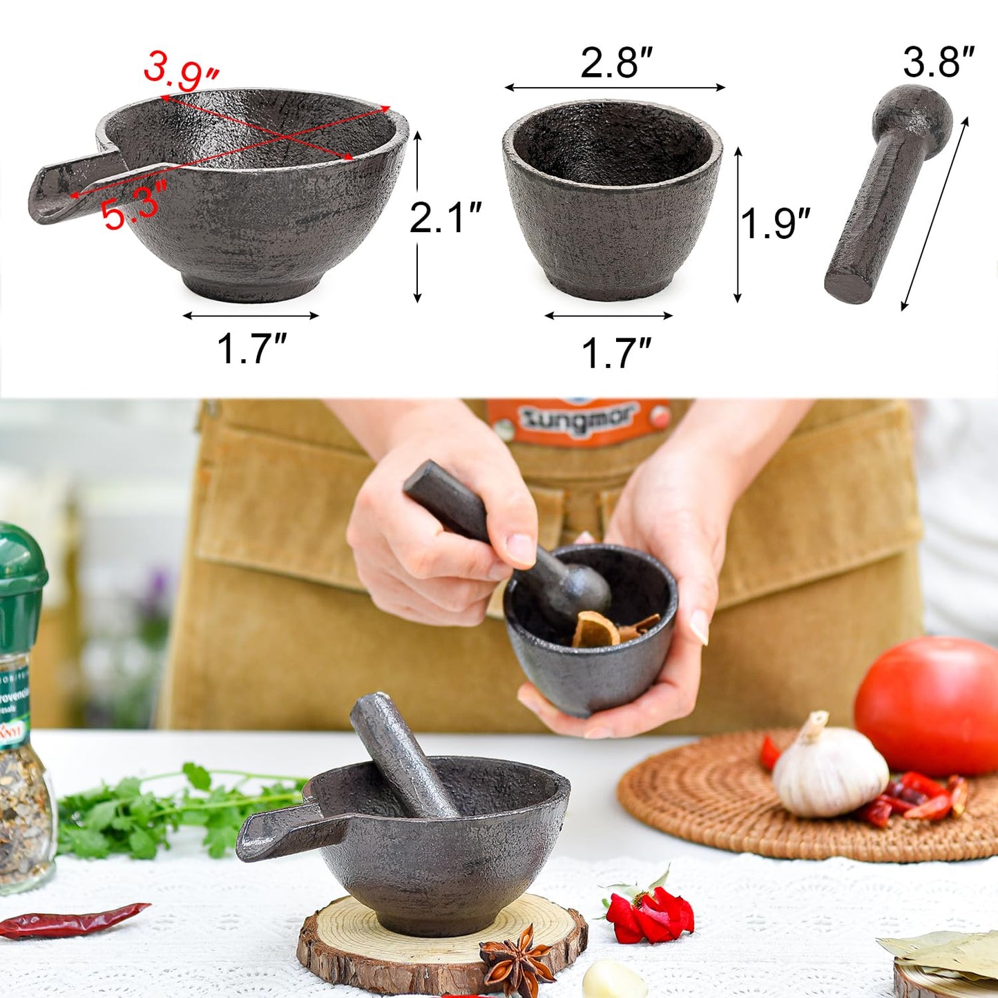 Sungmor Cast Iron Mortar and Pestle, Small Heavy Duty Black Spice Grinder Set, 3.9" Mortar with Pour Spout and 3.9" Long Pestle, Rustic Useful Kitchen Tools for Grinding Spices, Herbs, Nuts and Pesto