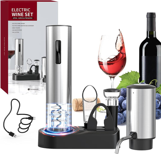 CIRCLE JOY 6-in-1 Electric Wine Opener Set Rechargeable Stainless Steel Wine Opener Gift Set with Foil Cutter, Rechargeable & Manual Wine Aerator Pourers, Vacuum Wine Stopper and Storage Base, Silver