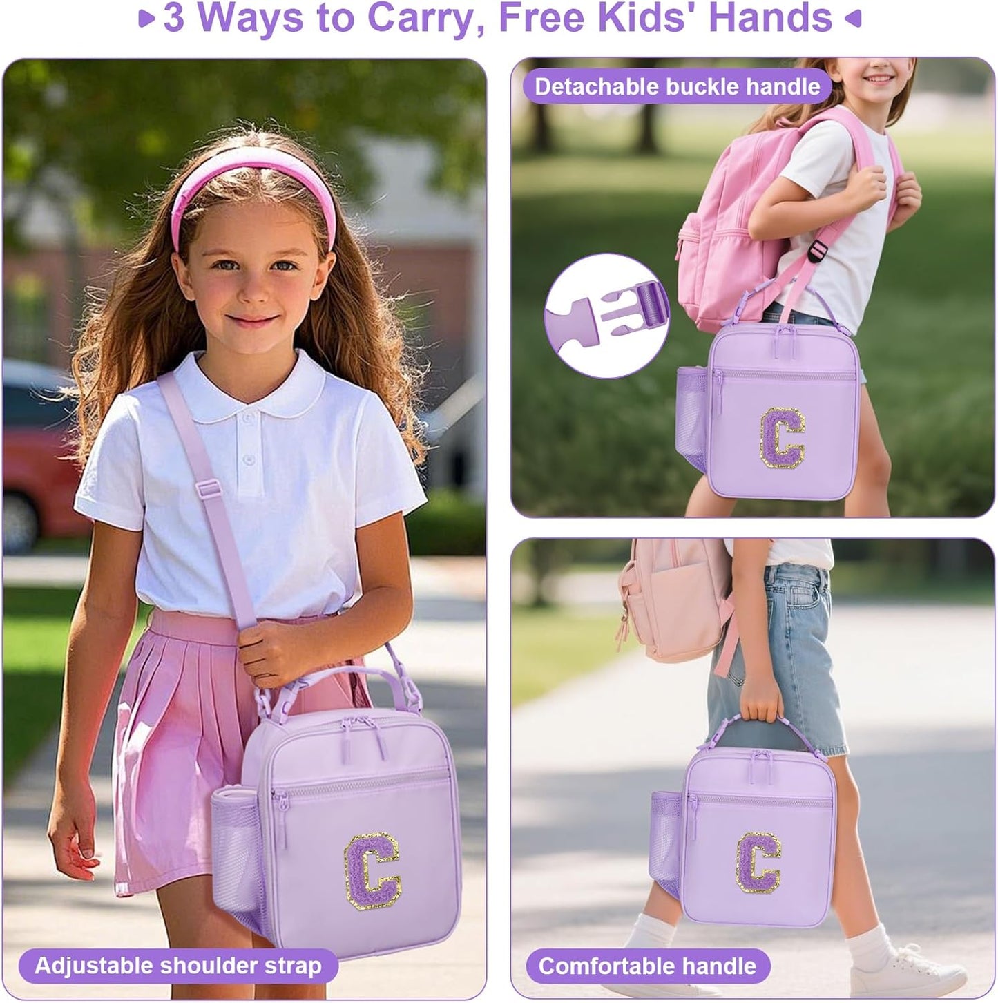 Initial Insulated Lunch Bag for Girls Kids, Back to School Gift, Reusable Leak-proof Lunch Box with Adjustable Strap for School Daycare Travel Picnic (Purple,C)
