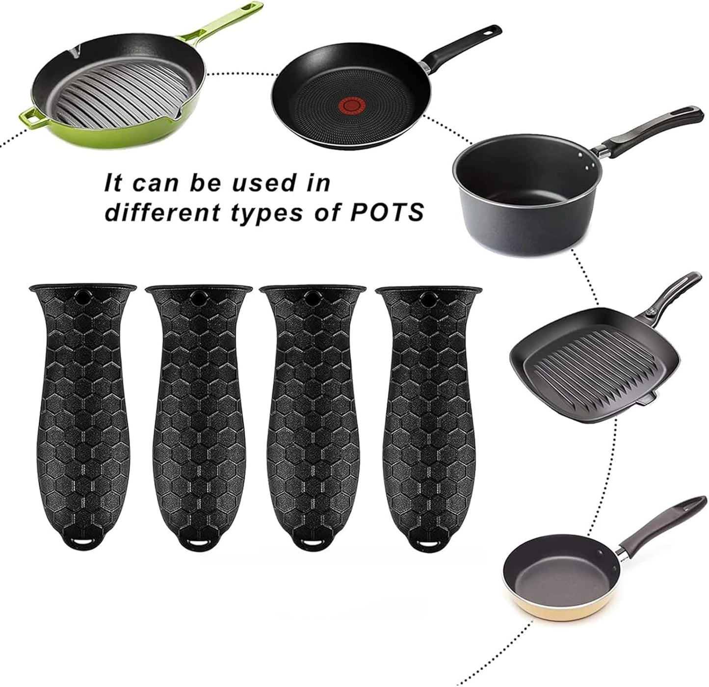 4 Pcs Silicone Hot Handle Holder, Potholder for Cast Iron Skillets, Non-Slip Rubber Pot Handle Sleeve Heat Resistant for Frying Pans & Griddles Sleeve Grip Handle Cover,Metal cookware Handles, Black