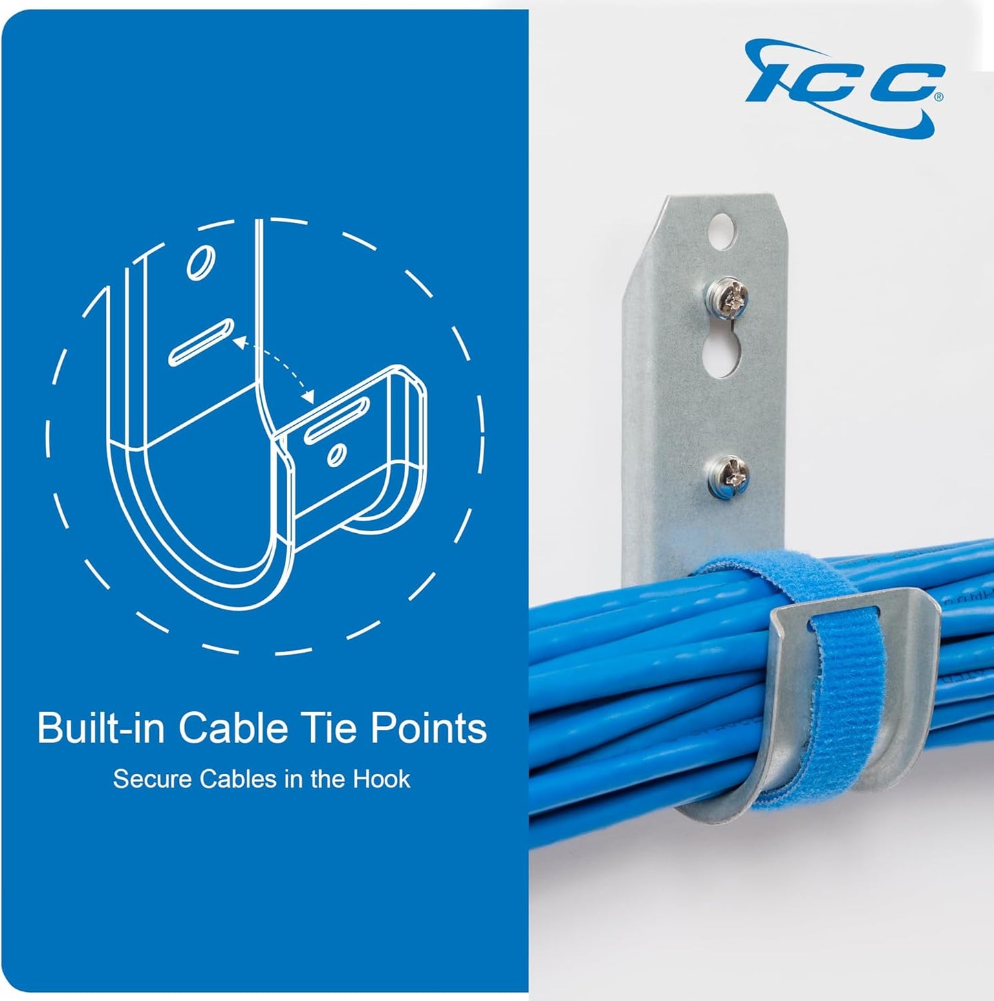 ICC 4-Inch Wall Mount J-Hook – 25-Pack, Cable Support Hooks with Retainer Clips, Galvanized Steel with Zinc Finish – for Structured Cabling and Cable Management